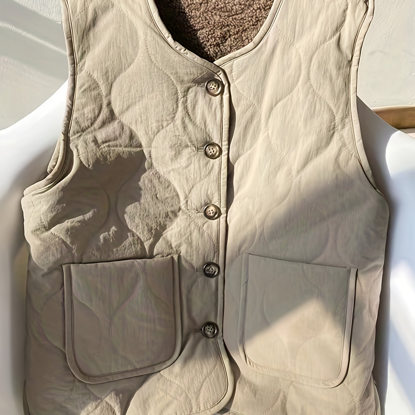 TEMU Autumn And Winter Quilted Lamb Vest Women's Loose Large Pocket Outer Wear Sleeveless Jacket Waistcoat