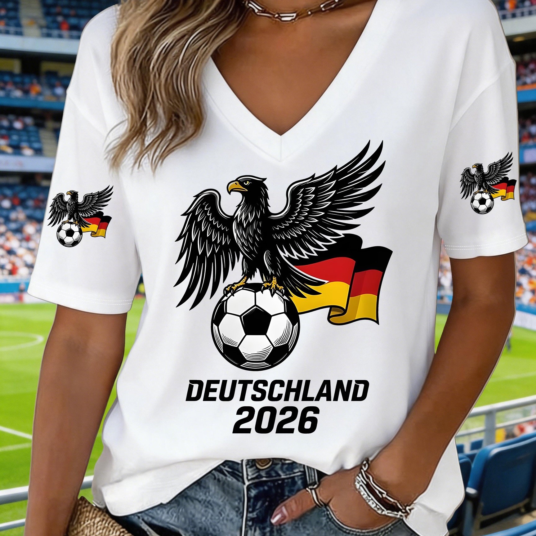 Image of Women's Summer V-neck T-shirt - 2026 Football Jersey Print Top, Ladies' Soccer Fan Gift, Loose Fit, Lightweight And Breathable, Suitable For Summer Casual Wear, Events [niannian] - 174