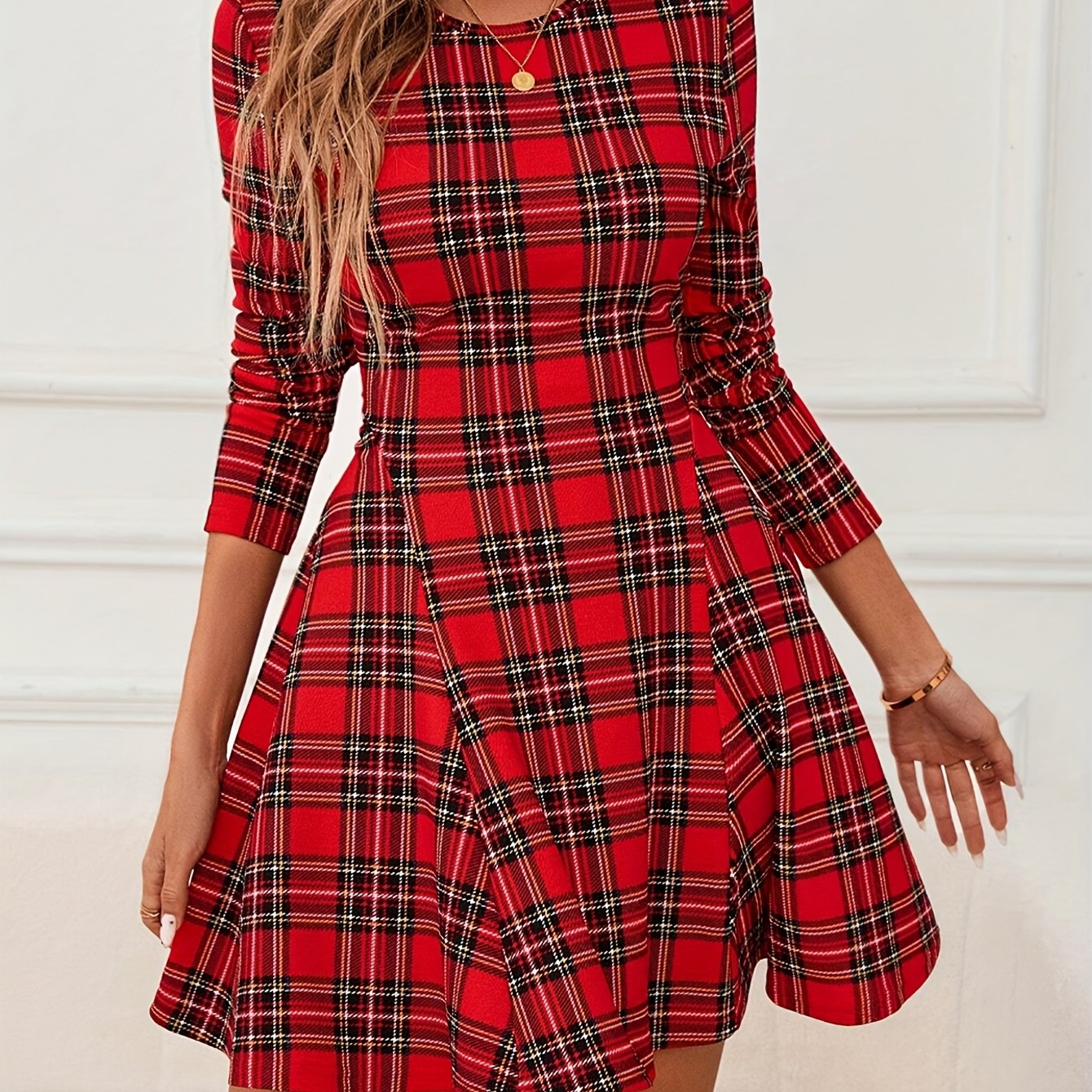 Elegant Long Sleeve Short Dress, A-line Mini Skirt, Round Neck, Multicolor Plaid Print, Elegant And Formal, Suitable For Daily Wear In Autumn And Winter