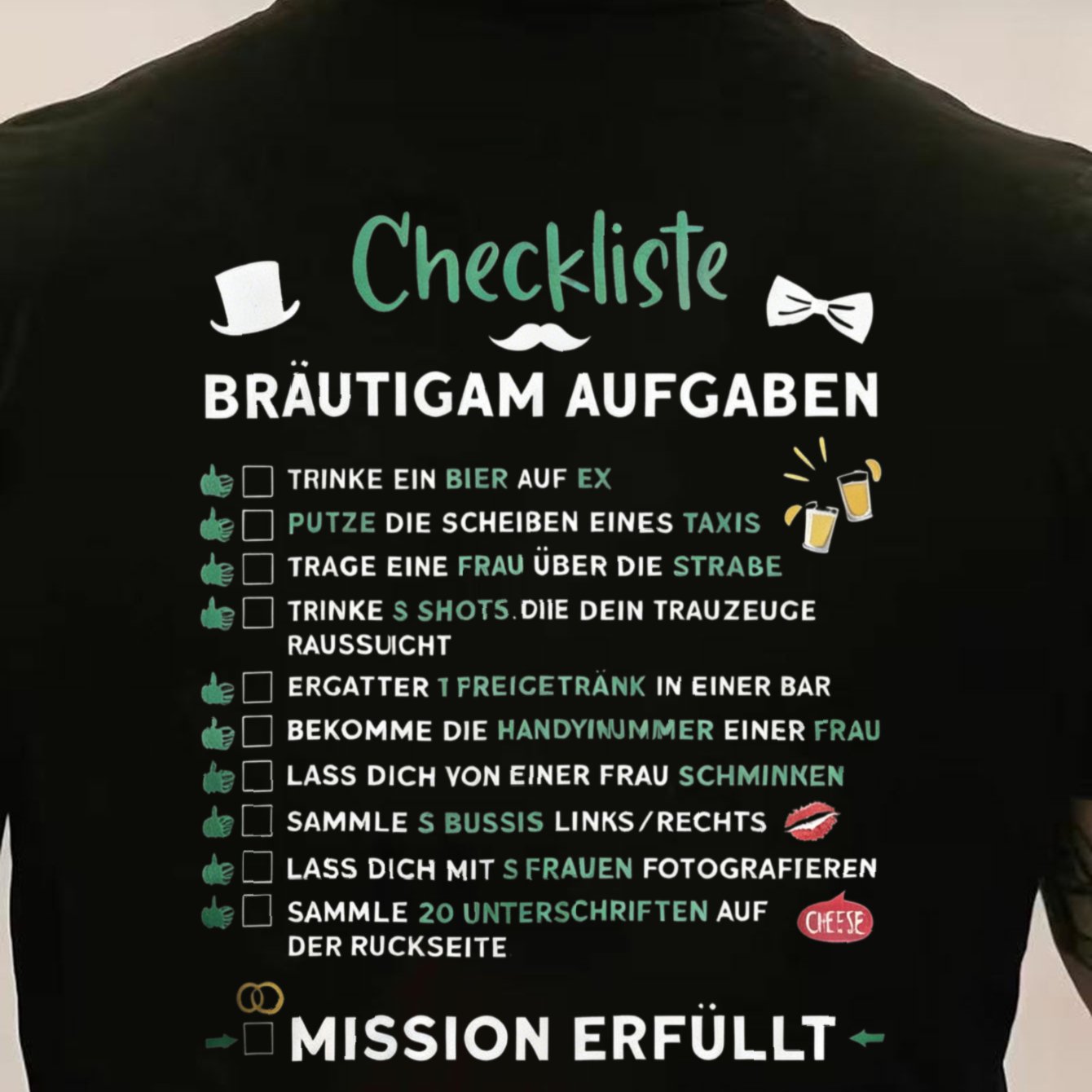 Men's T-shirt Black Groom Checklist With German Text And Icons For Bachelor Party