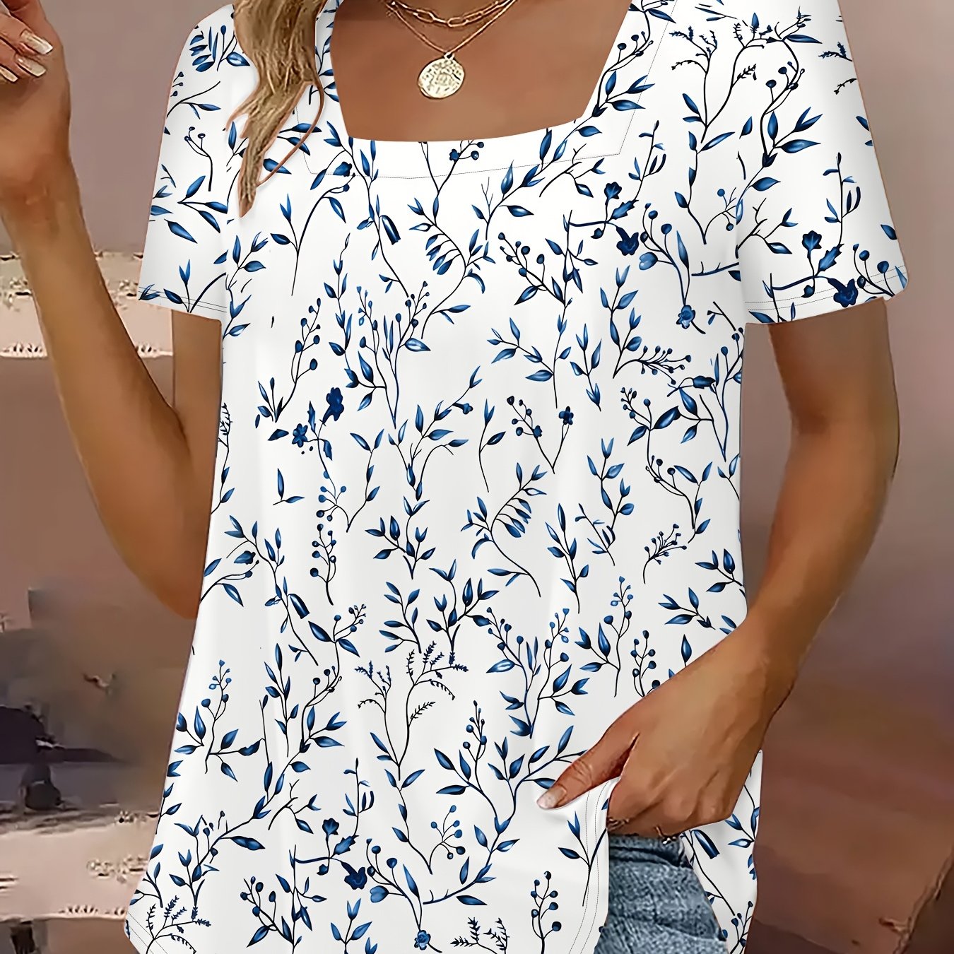 Plus Size, 3d Printed Plus Size Women's Floral Bloom Print Elegant Casual Square Neck Short Sleeve T-shirt