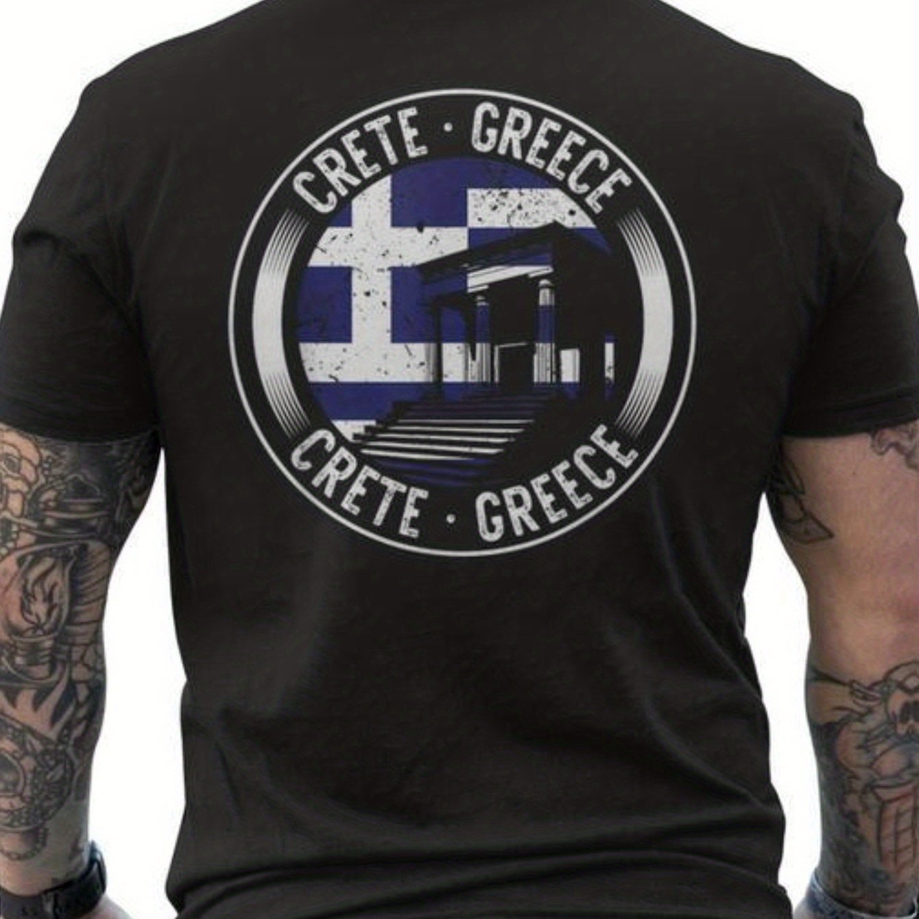 Image of Men's Greece Greek Key & Back Print T-shirt - 100% Cotton Soft Crew Neck Short Sleeve Casual Shirt With Greece Map & Greek Flag Colors For Travel Souvenir Or Casual Attire