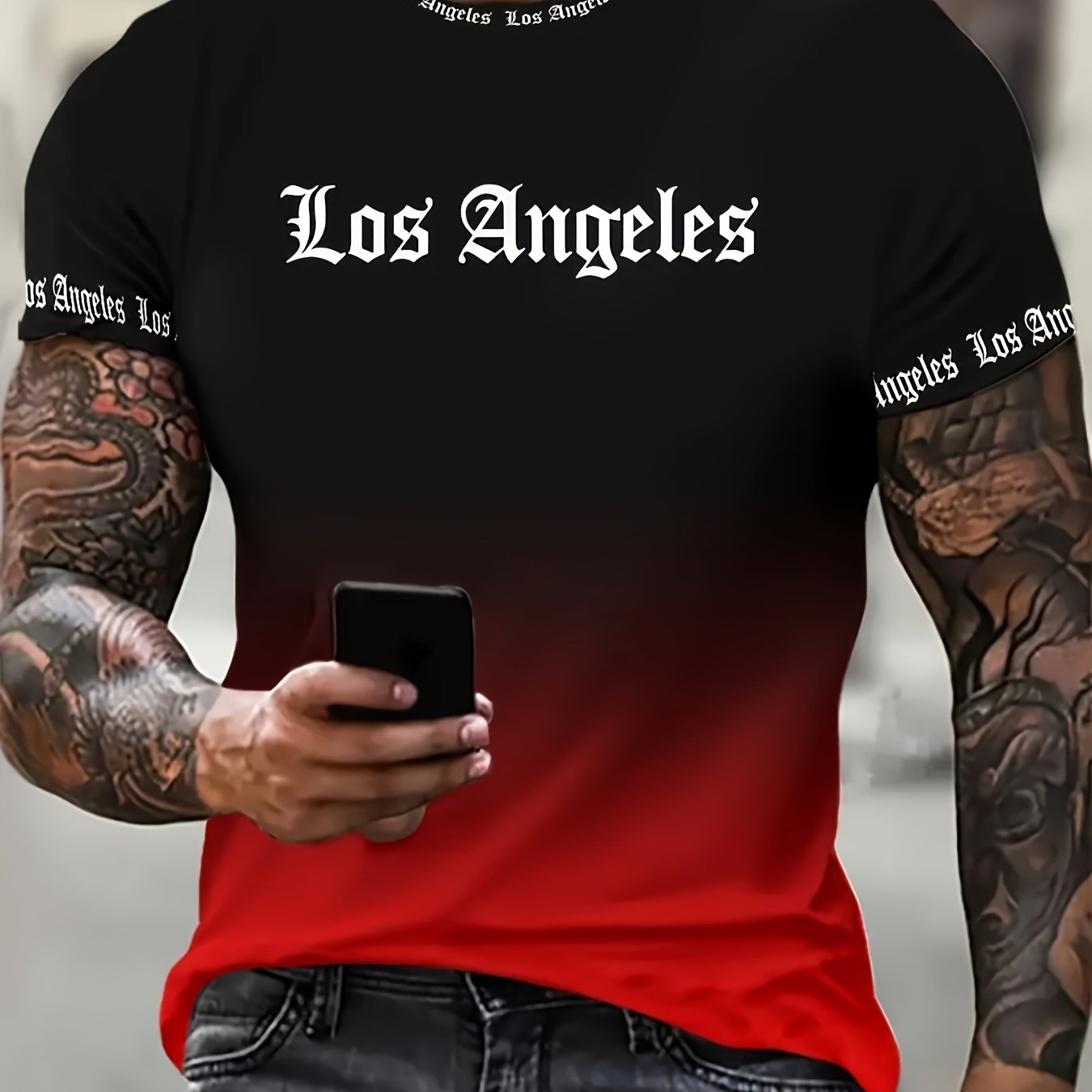 TEMU Men's Black To Red Gradient Los Angeles Pattern T-shirt - Round Neck, Short Sleeve, Machine Washable - Perfect For Summer Casual Wear,