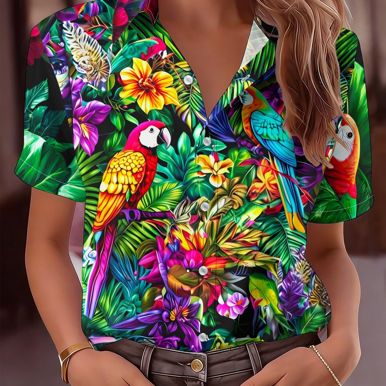 TEMU Women's Short-sleeve Button-up Shirt With Collar - Tropical Parrot & Palm Print Blouse Suitable For Spring/summer Beachwear, Casual Button-front