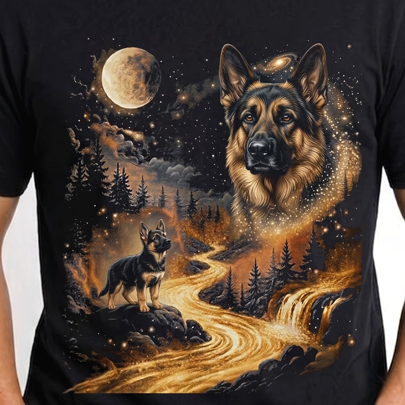 Image of German Shepherd At The Moon Retro 90s Dog Animal Graphic Tee Retro Wilderness Style Camping Hiking Attire Gift For Men Men's T-shirt 180g Round Neck