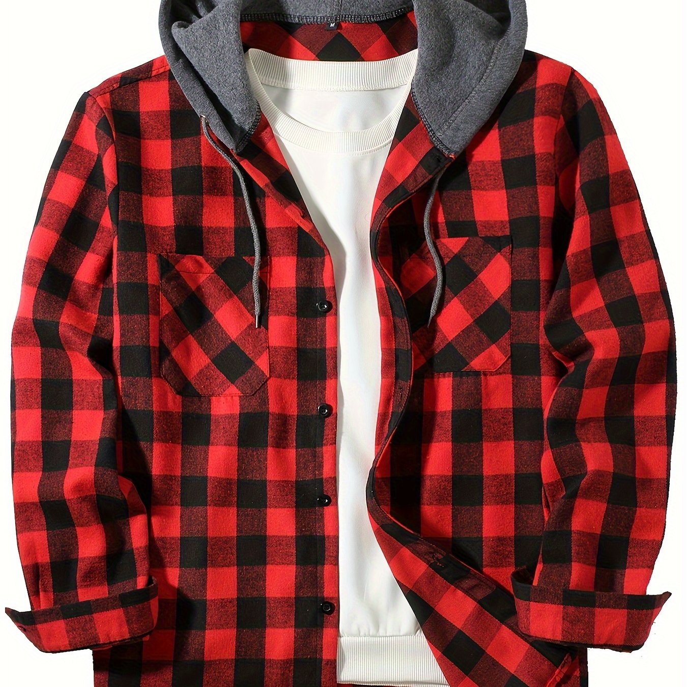 Plus Size Hooded Shirt Long Sleeve Button-up Double Pocket Cardigan, Autumn Menswear