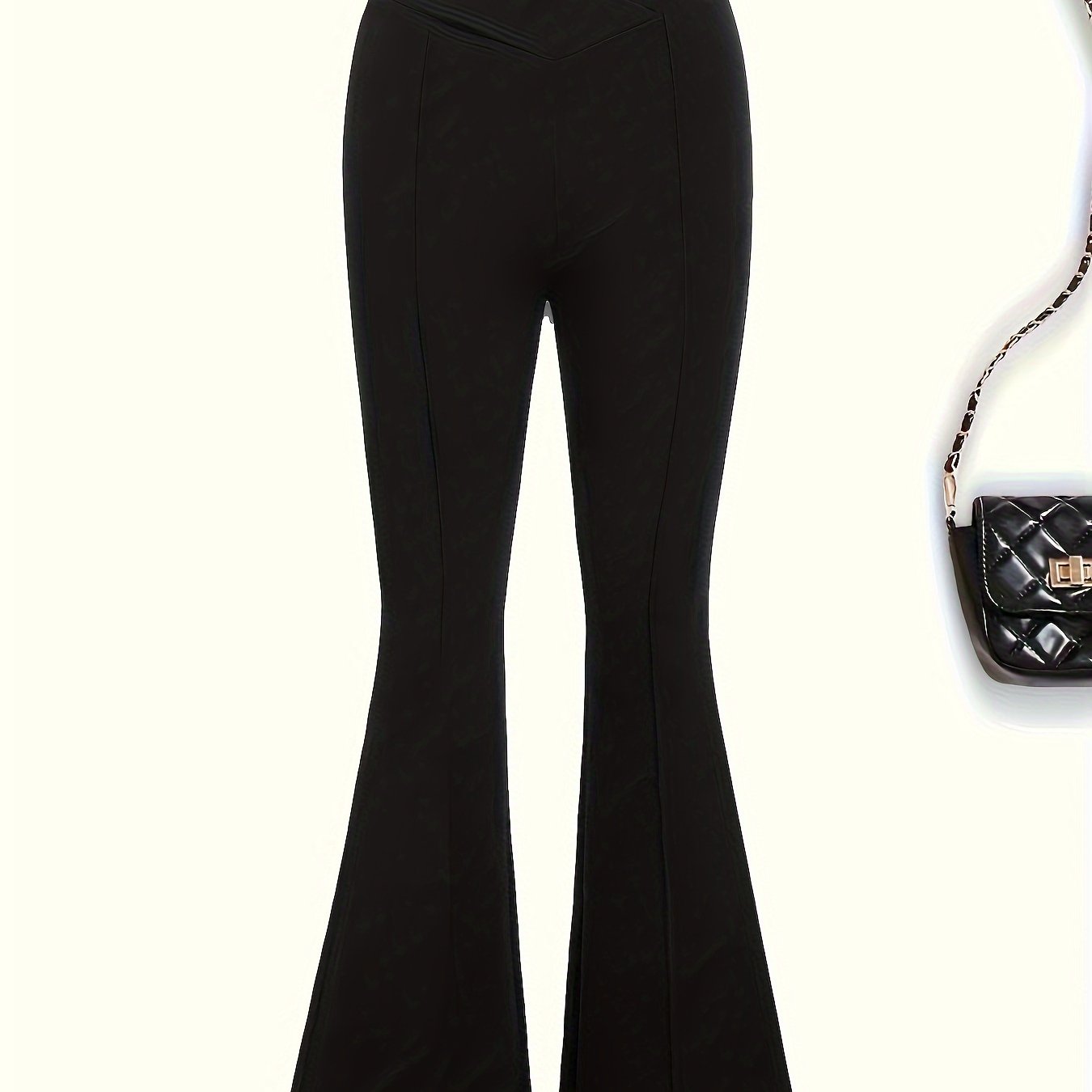 Image of Girls' Solid Color V-neck High-waisted Elegant Flared Pants, Suitable For Outdoor Wear, Perfect For Outdoor