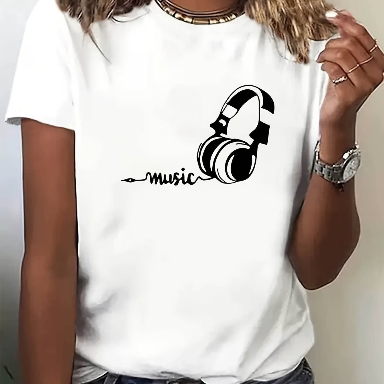 TEMU Women's Casual Music Headphones Graphic T-shirt - White Short Sleeve Crew Neck, Loose Fit, Machine Washable, Comfortable & Stylish Design, Music