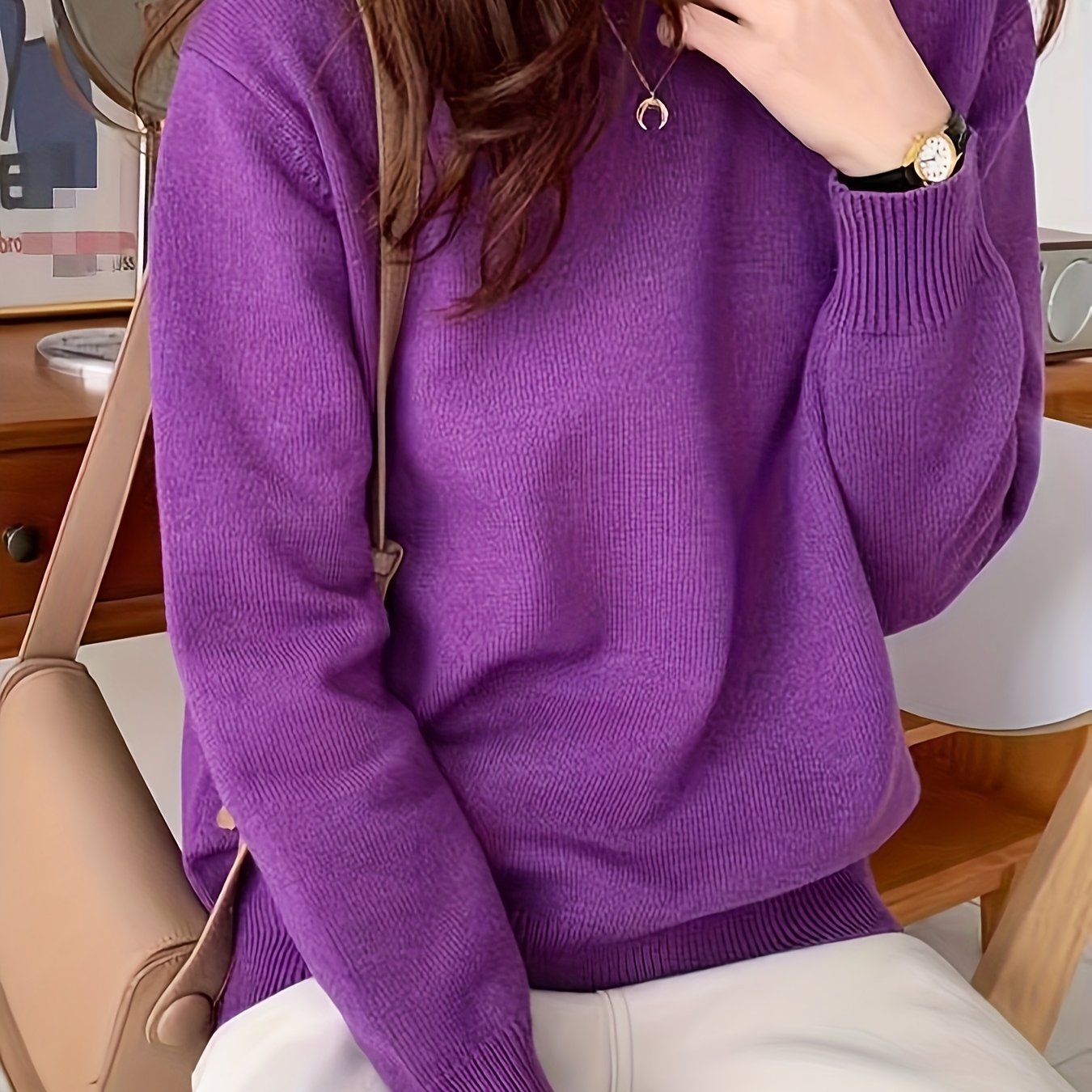 TEMU Fashionable And Simple Solid-color Round-neck Pullover Sweater For Women, Elegant And Versatile Loose-fit Thin Base Layer For Spring And Autumn