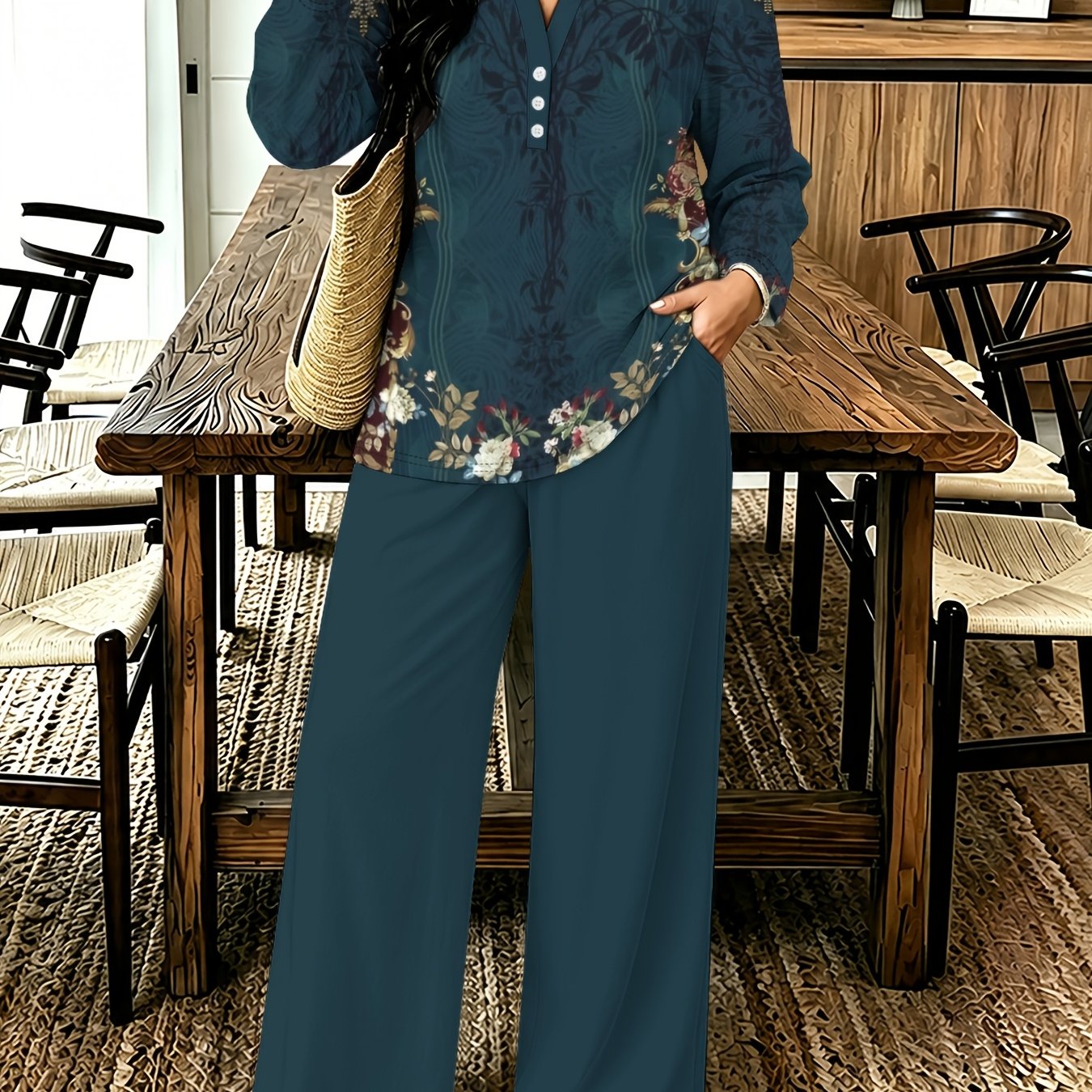 TEMU 2026 Autumn & Winter New Arrival European & Commuter Women's Set, Loose Slim-fit Button V-neck Long Sleeve Top & Draped Wide-leg Pants 2pcs