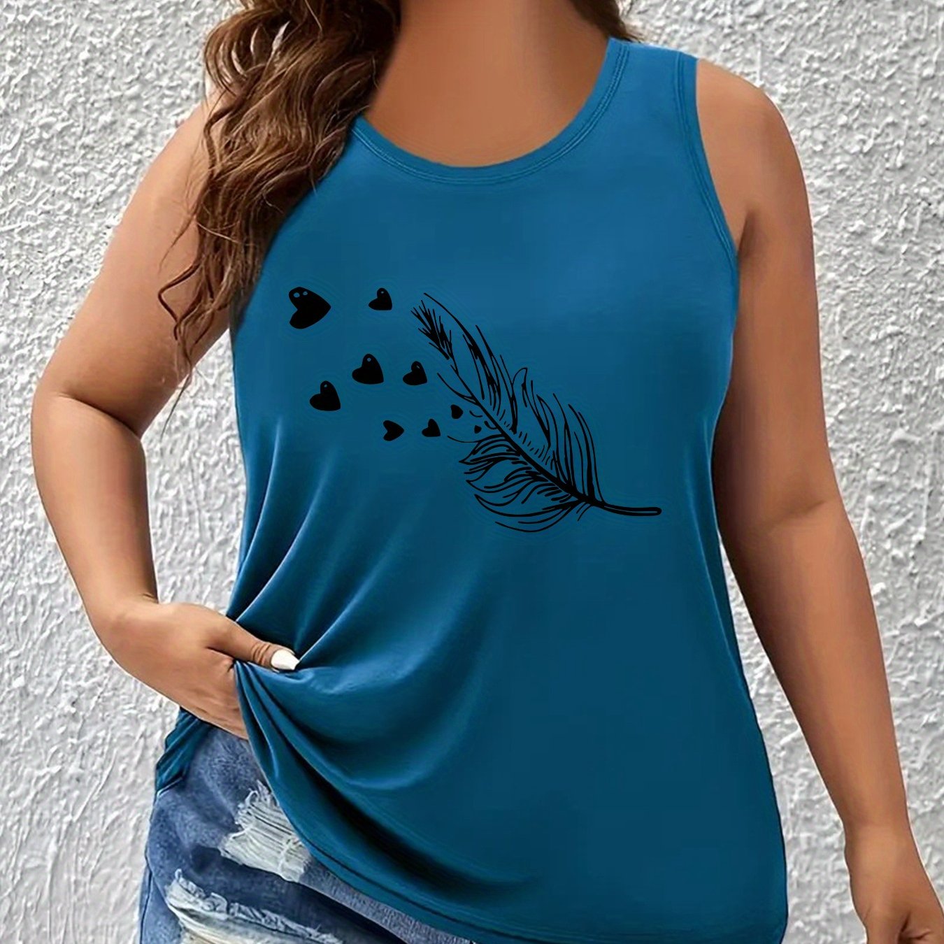 TEMU Women's Casual Crew Neck Heart Print Polyester Vest, European Large Size, Round Neck, No Sleeve, Knit Fabric, 180g/mÂ², Stretch, For Sports