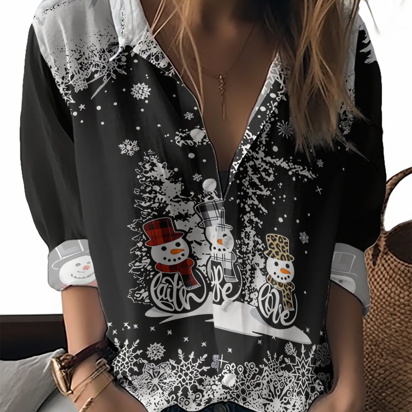 TEMU 2025 New Women's Shirt, Fashion Snowflake Snowman Print, Casual Commuter Versatile Top, Printed Blouse, Round Neck Long Sleeve Pullover, Trendy