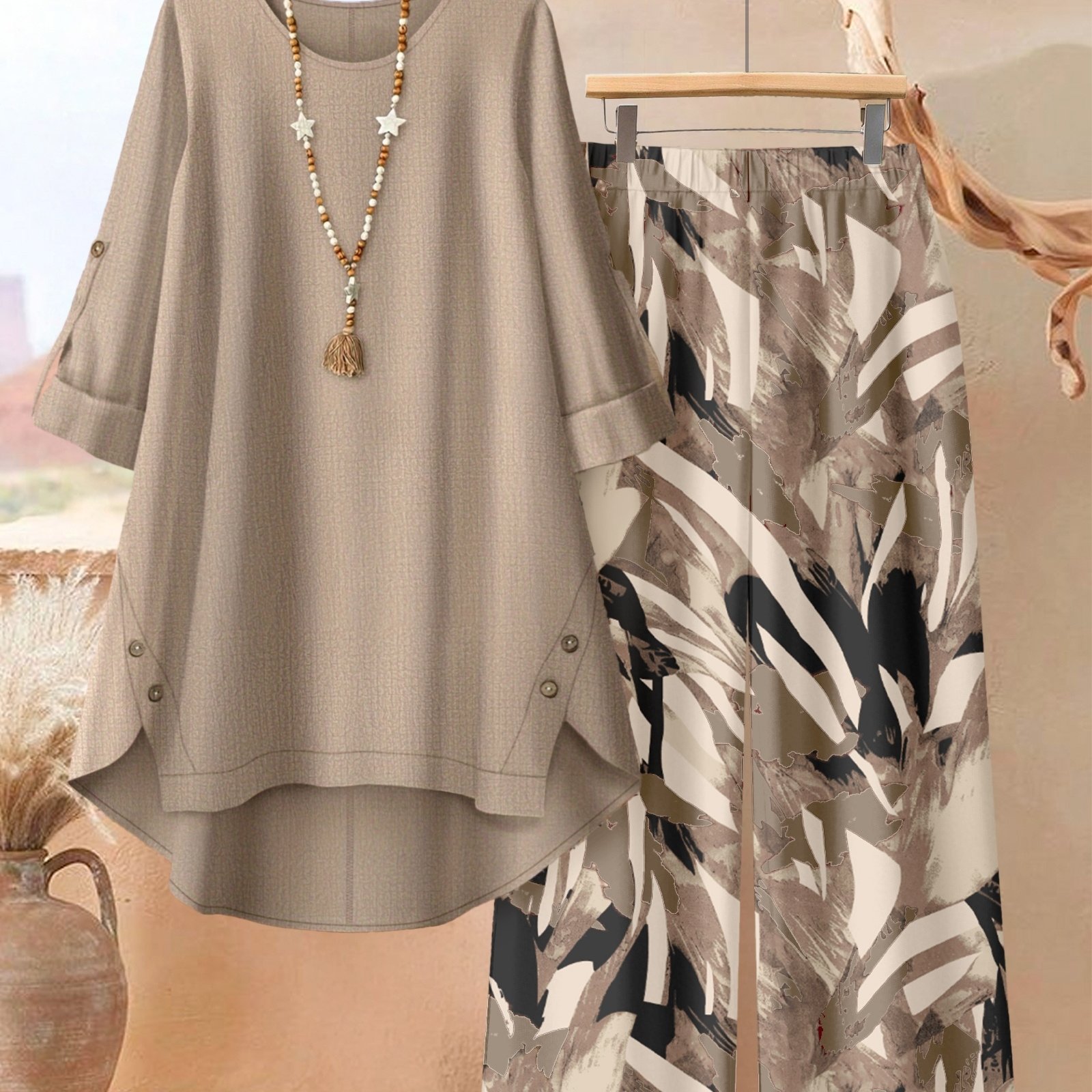 TEMU Plus Size, Plus Size - Plus Size - A Stylish 2pcs Outfit For Plus-size Women Featuring An Asymmetrical Button-up Top And Wide-leg Pants With