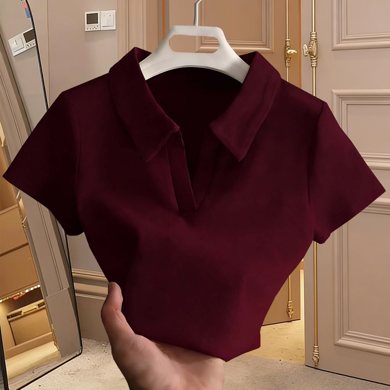 TEMU Polo para Mujer, Color Borgoña, Estilo Básico sin Estampado, Cuello en V, Corte Entallado, de para Ocasiones, Estilo de Lujo tipo Vestido Corto,