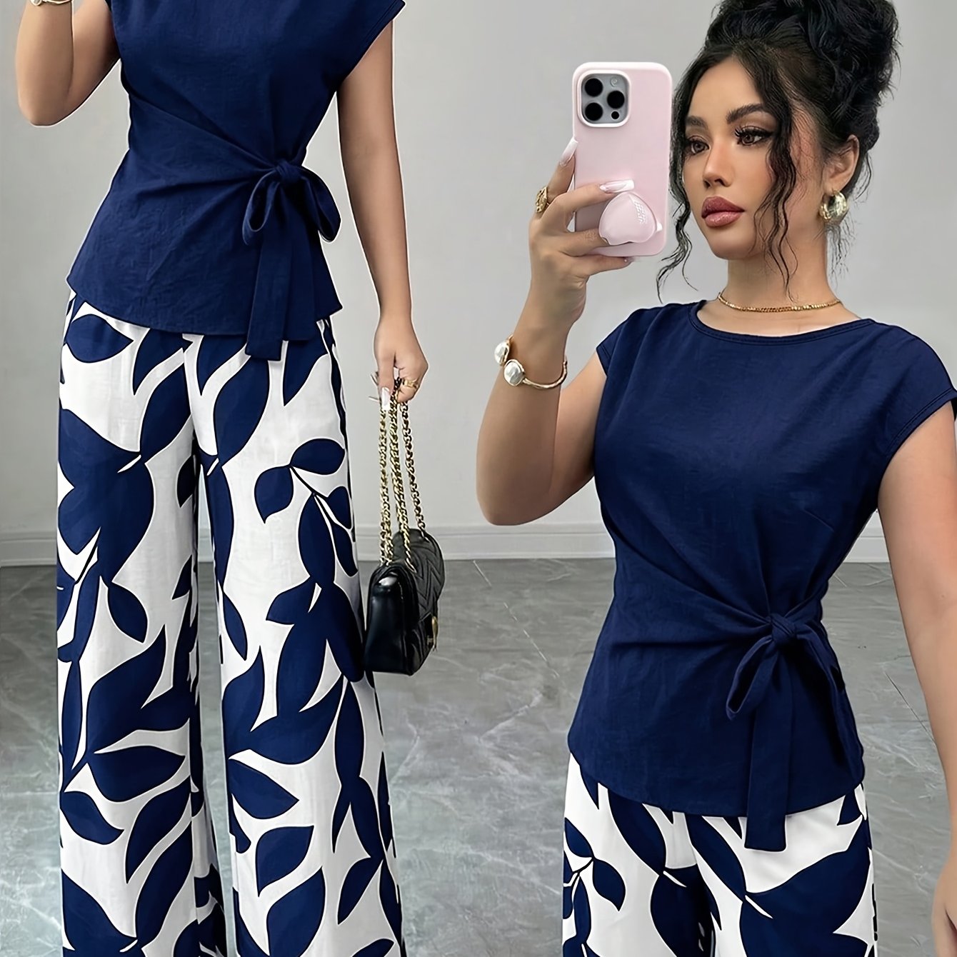 TEMU Women's Spring Summer Elegant Commuter Pleated Bow Blouse And Wide-leg Pants Set