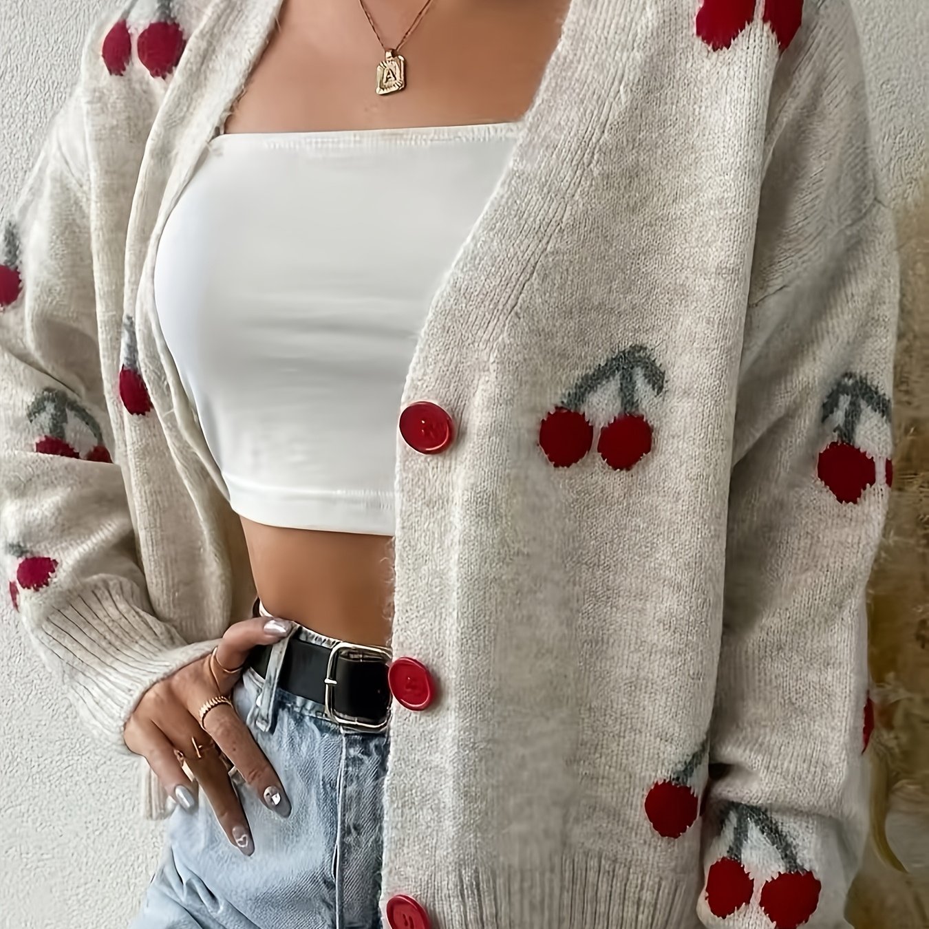 Directional Bk111702 New Autumn/ Cherry Jacquard Cardigan, V-neck Versatile Sweater