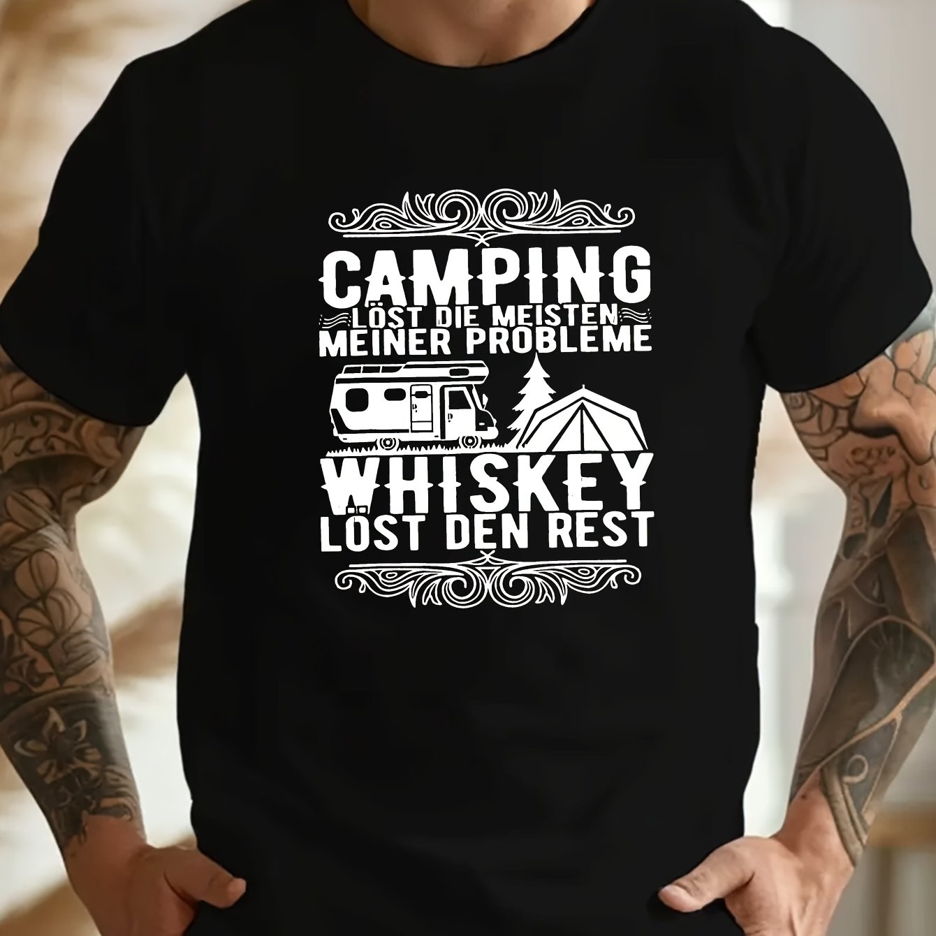 Image of Plus Size Men's Camping Mein Problem Graphic T-shirt - Whiskey Tee With Camping Gear & , Dark Blue, Casual Summer Style, Plus Size