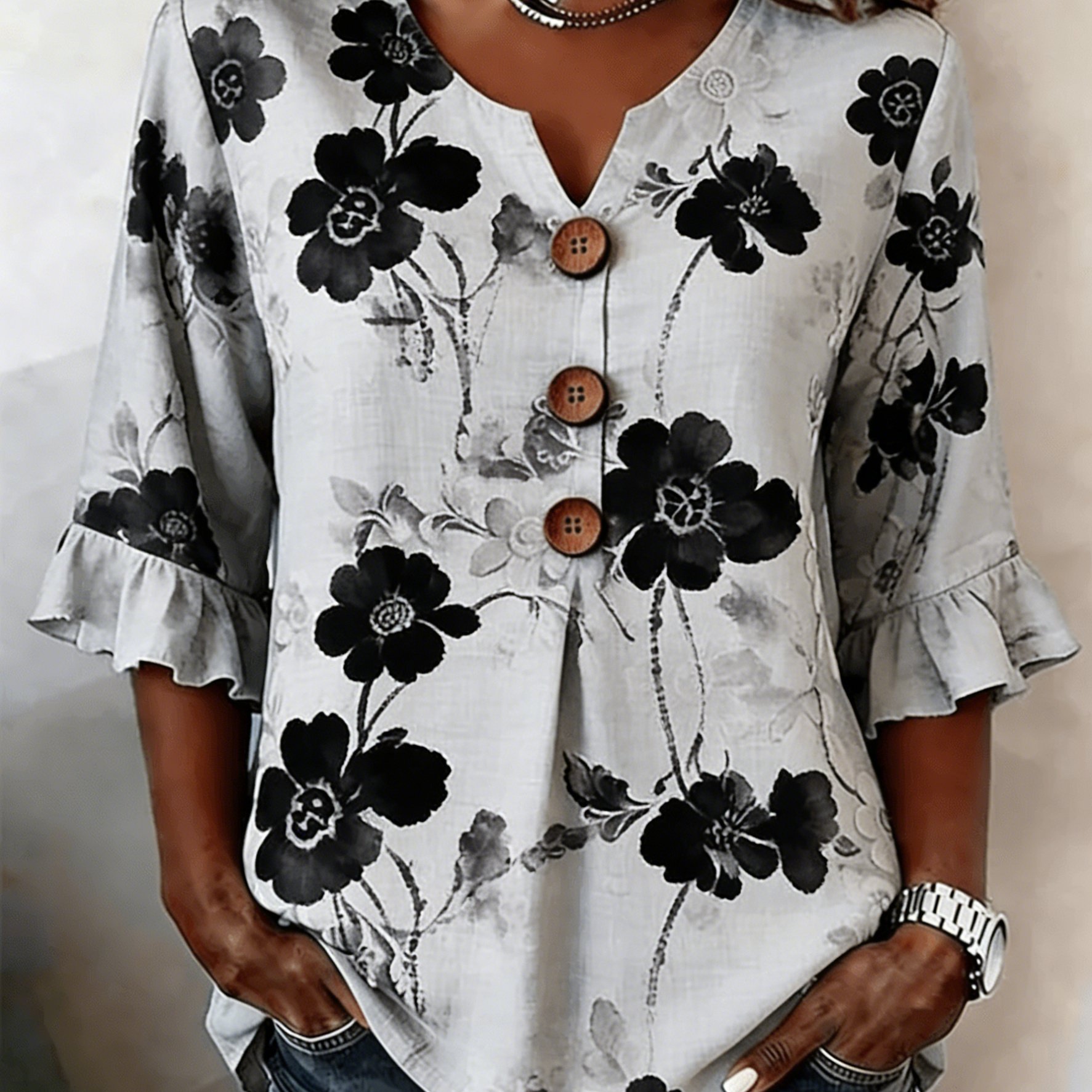 Image of Plus Size, Plus Size Women's V-neck Button- Autumn Fabric Gray-black Printed Casual Top, Suitable For Daily Wear, Is For Mothers And Sisters