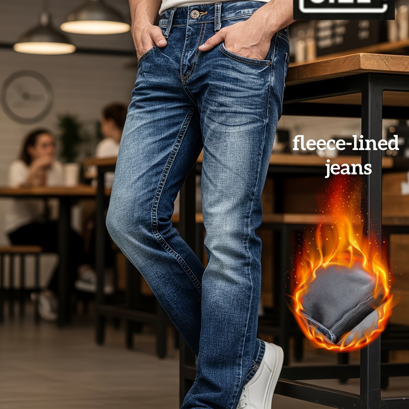 TEMU [hme] Fall/winter Heavyweight Plus-size Men's Jeans -lined For Cold Protection. Washed , With Distressed Whitewashed Hand-brushed . Mid-rise