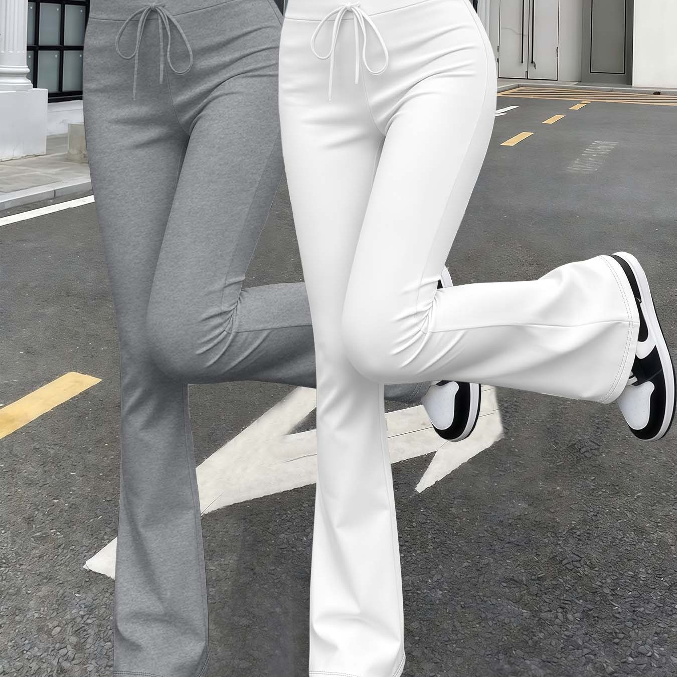 TEMU Women's High-waist Drawstring Slightly Flared Casual Pants, Basic Solid Color Medium-stretch Fabric, And Leg-lengthening, Versatile, 2pcs