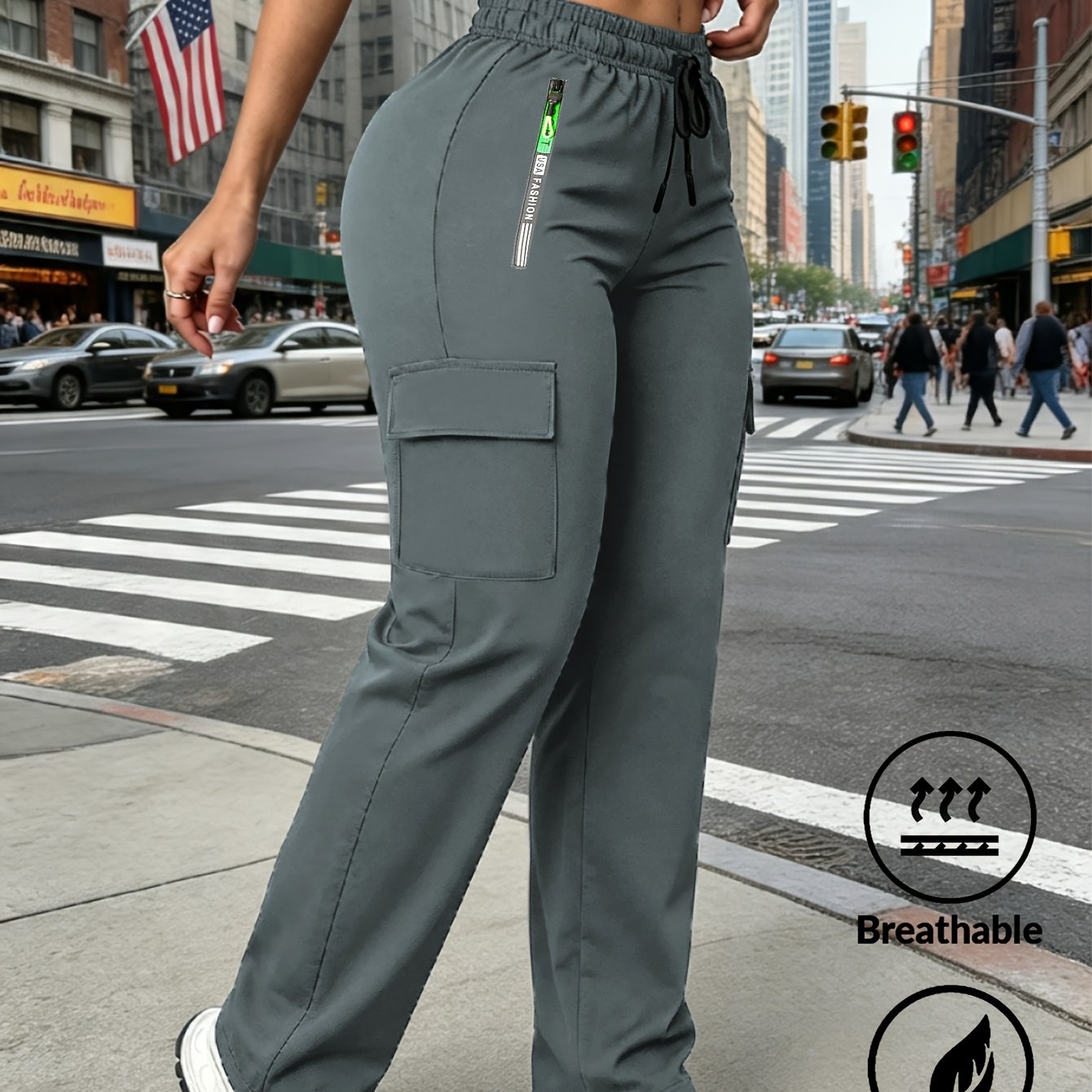 TEMU Pantalones cargo de mujer con múltiples bolsillos, cintura elástica y cordón - Pantalones holgados de pierna , de color liso para toda estación,