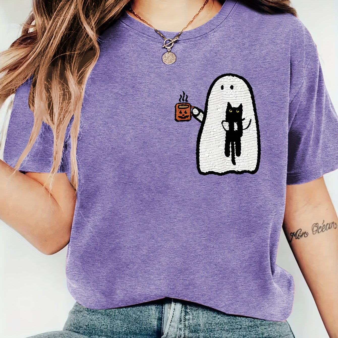 TEMU Women's Halloween Costume, Autumn Women's Clothing, Festive Atmosphere Gift, Holding A Black Cat Print Crew Neck 1pc Short Sleeve T-shirt,