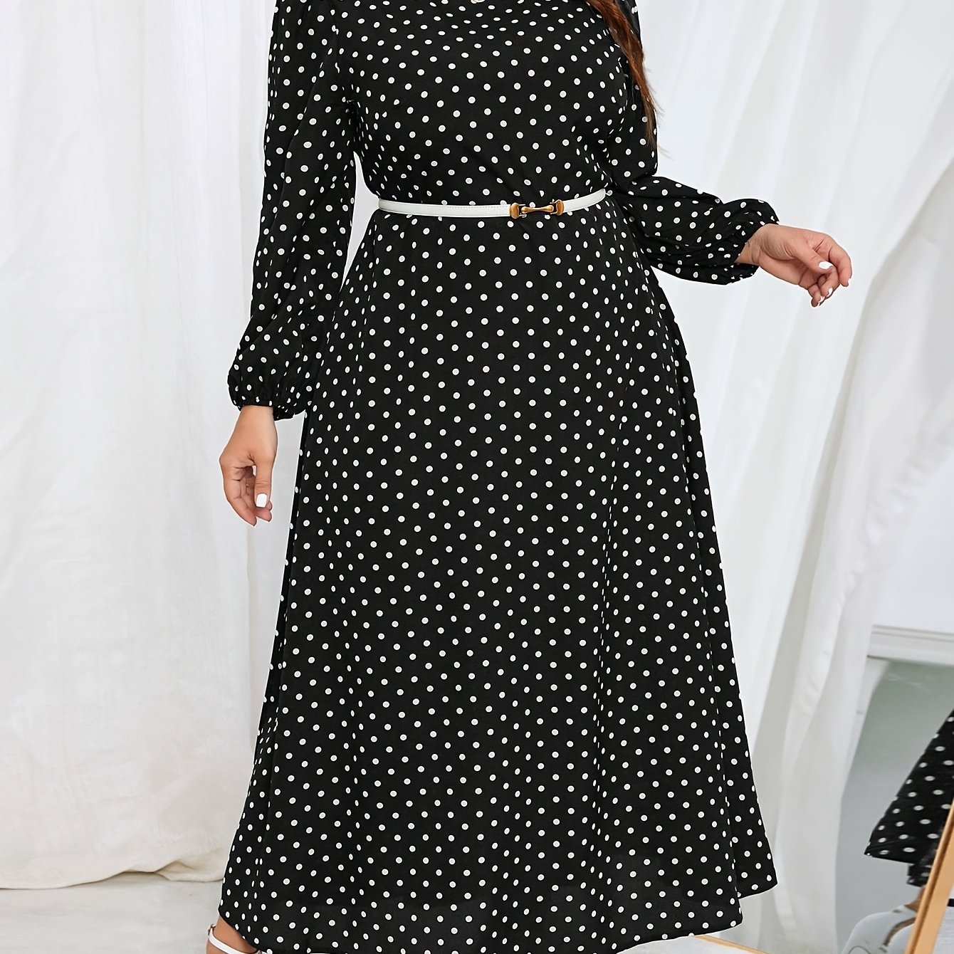 TEMU Plus Size - Plus Size - Plus Size Women's Polka Dot Printed Long Sleeve Elegant Round Neck Dress Without Belt