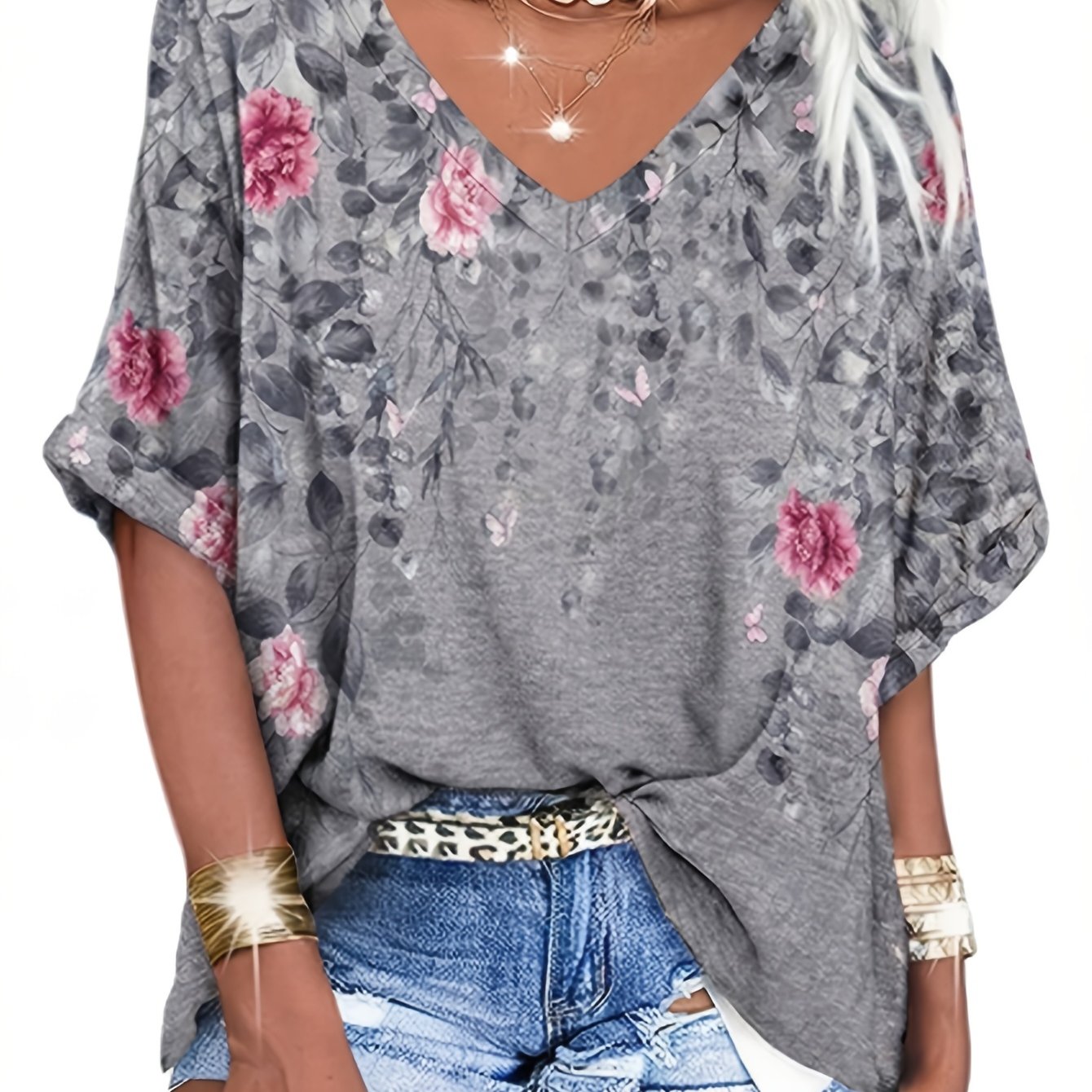 TEMU Women's Fashion Elegant Top Loose Shirt V-neck Short Sleeve T-shirt
