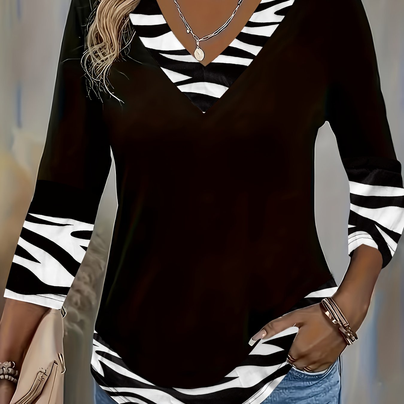Plus Size, Plus Size V-neck Zebra Stripe Oversized T-shirt - 7/8 Sleeve Casual Summer Blouse, Loose Fit For Plus Size, Machine Washable