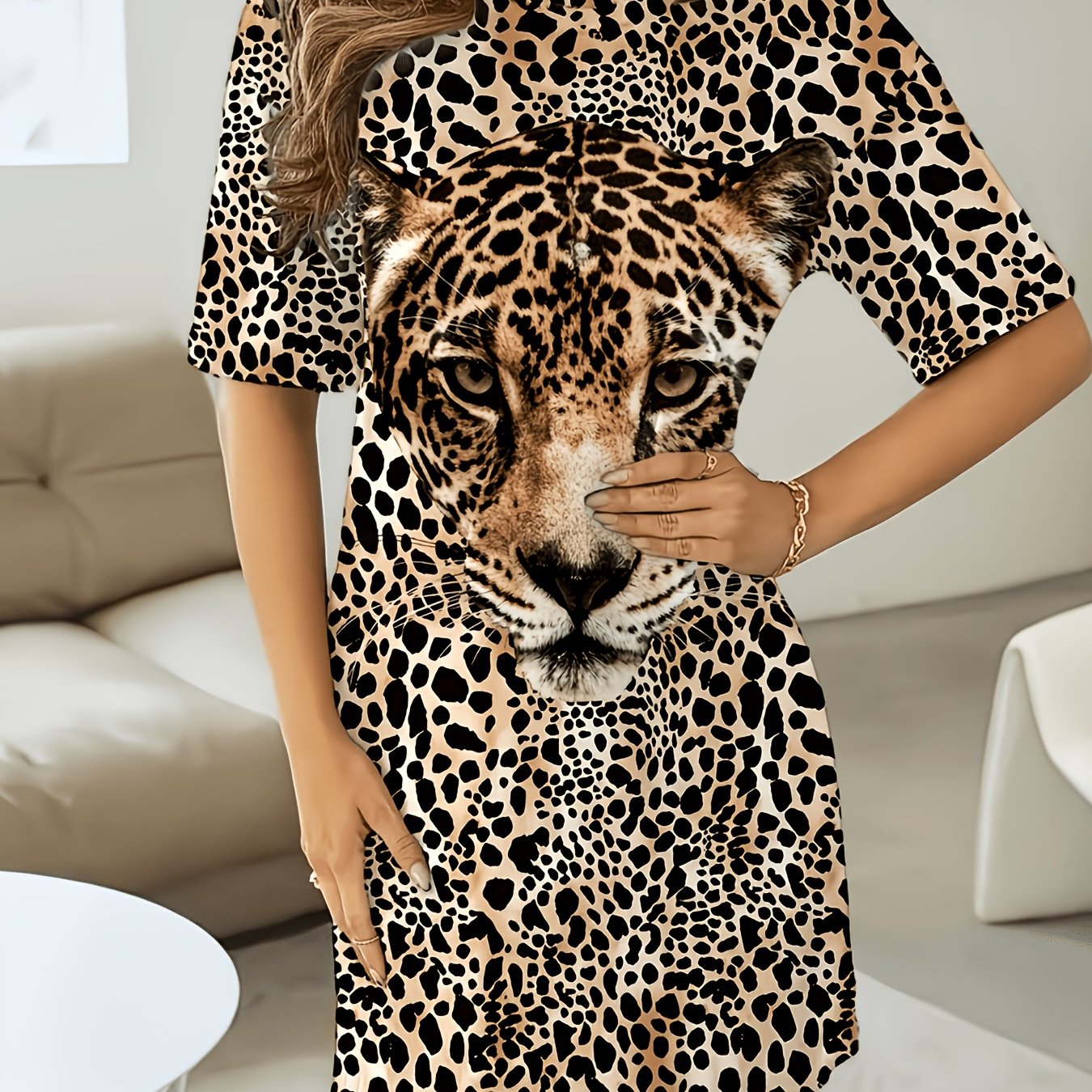 TEMU Women's Leopard Head Leopard Print Short Sleeve Round Neck Dress