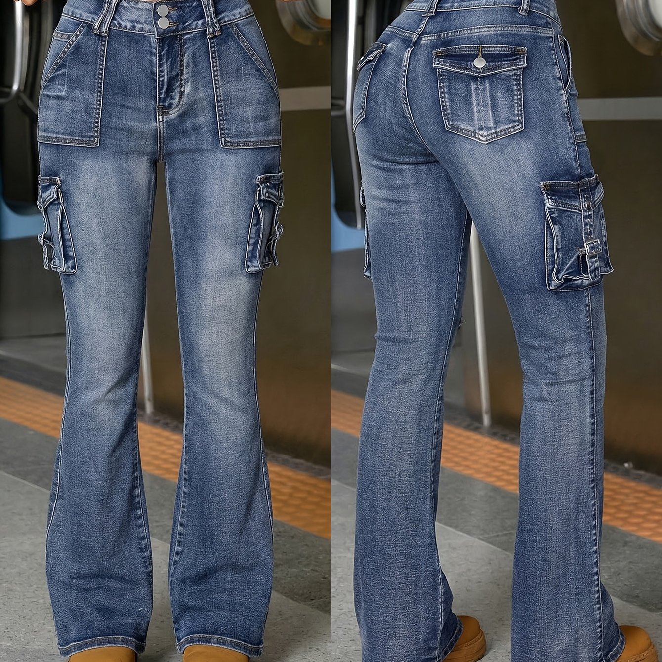 Women's Casual Cargo Jeans Stretch Slim Flare Denim Pants Multi Pocket Style Trousers