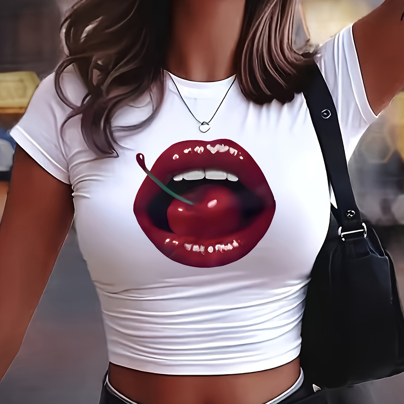 TEMU Haut moulant près du corps pour femme 00008, T-shirt tendance créatif à imprimé lèvres et cerises, style Y2K américain pur , col ras du cou,