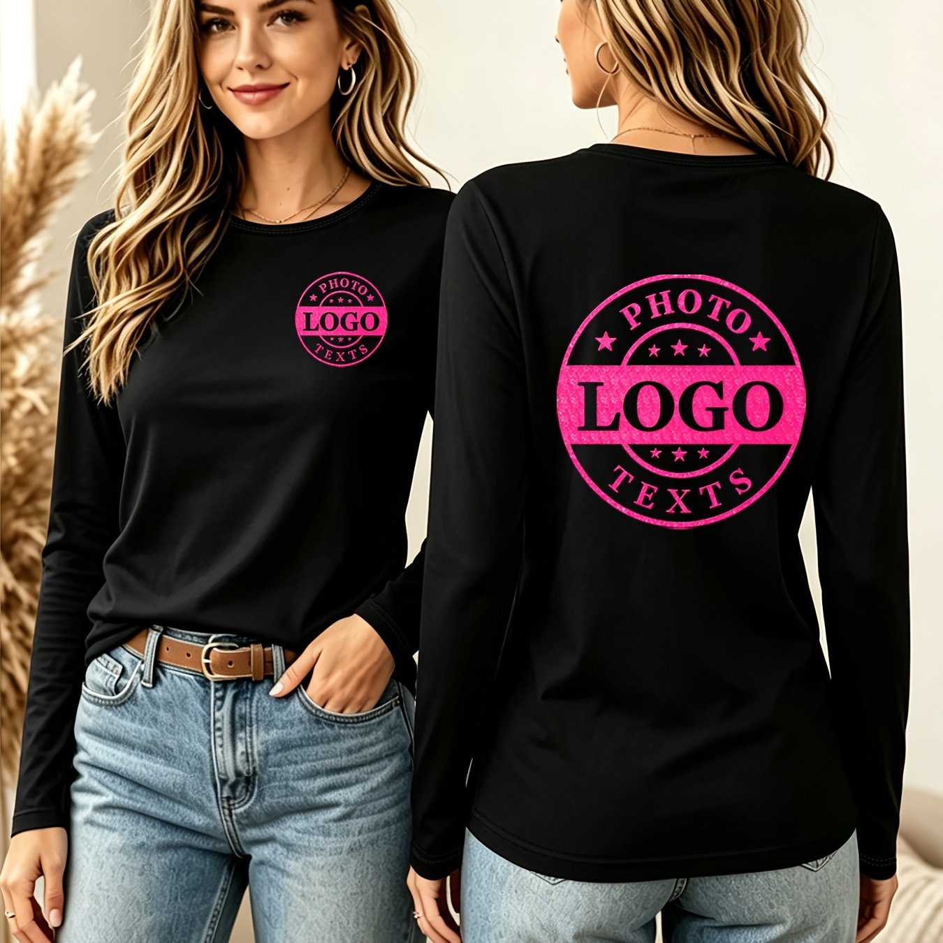 TEMU Custom Printed Round-neck Long-sleeve Women's T-shirt. Suitable For Daily Casual Wear, Versatile And Fashionable Style. Custom Printing On Front