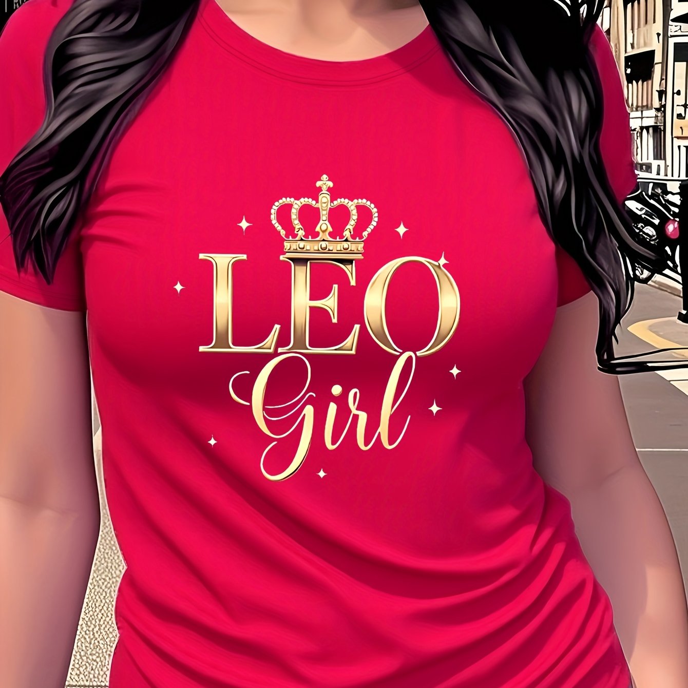 TEMU Leo Crown Print T-shirt, Casual Short Sleeve Round Neck Top For Women, Fashionable And , , Parties, And Birthdays
