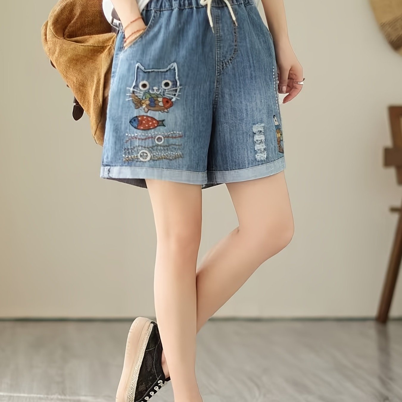 Spring And Summer - Cat Eating Fish Embroidered Cowboy Shorts - Loose Fit, Drawstring Elastic Waist, Pockets, Casual Wide Leg Pants, 4 Sizes, Women's Style