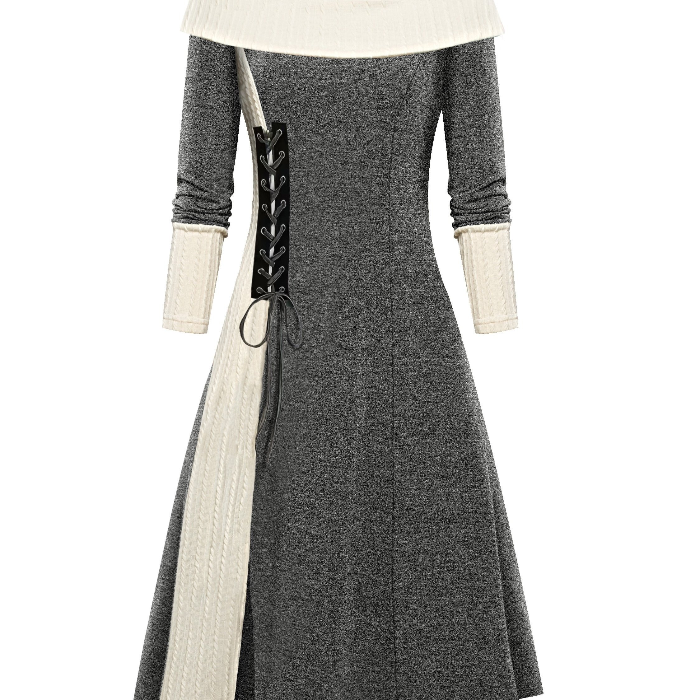 Image of Color Block Lace Dress, Autumn Winter Casual Long Sleeve Crew Neck Dress, Women's Clothing