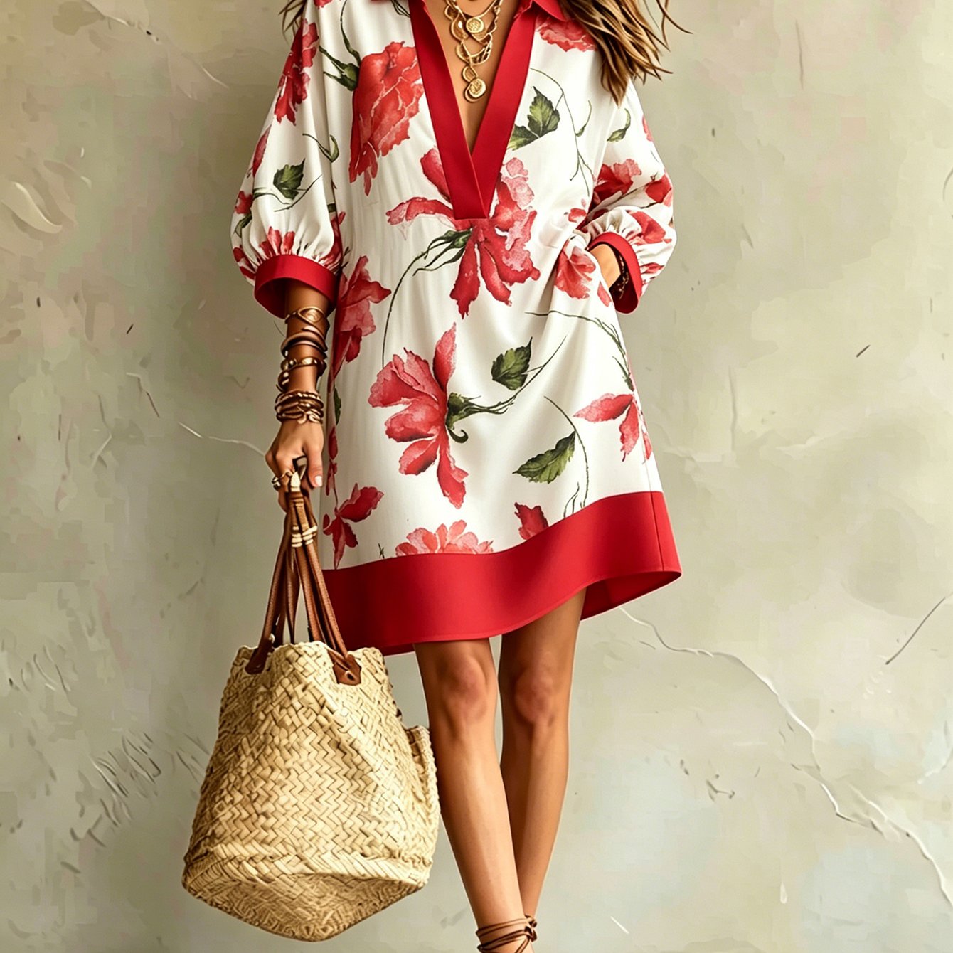 Image of Women's Summer Dress, Summer Style, Contrast Collar Large Red Floral Print, Loose , Vacation , Breathable & Drapey Fabric, Figure-flattering & Conceals , Perfect For Beach Vacations, Daily Comm