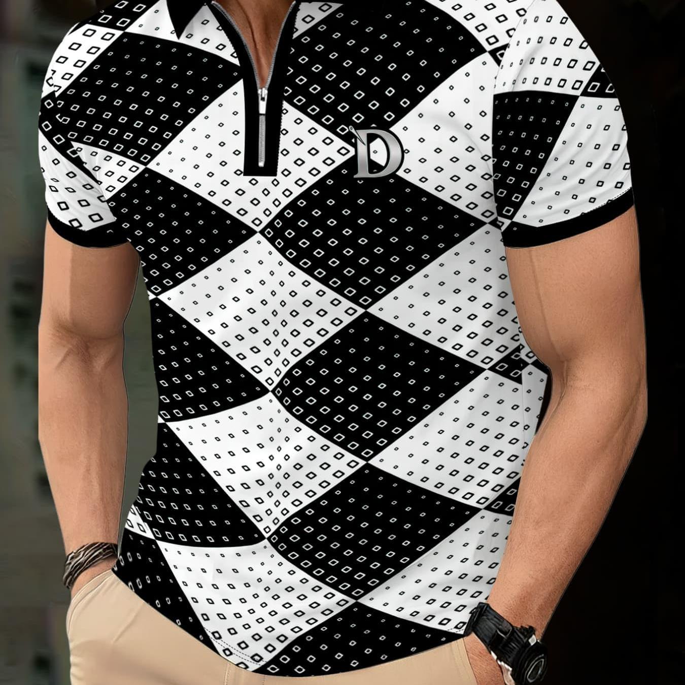 TEMU Men's Fashion Zipper Shirt With Trendy Geometric Diamond Print And Letter D Decoration, Casual Business Versatile Top