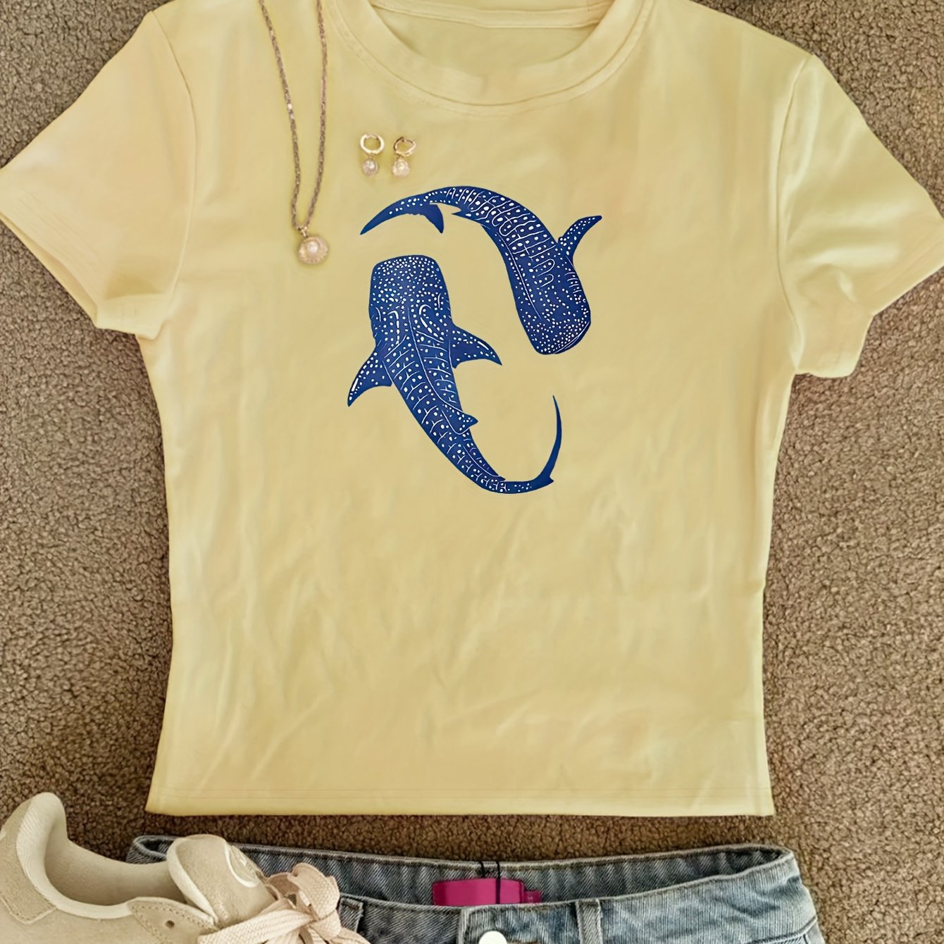 TEMU 00008- Women's Bodycon Top, Creative And Fashionable Whale Print, Pure Desire Korean-style Y2k Summer Crew Neck Short Sleeve T-shirt, Women's
