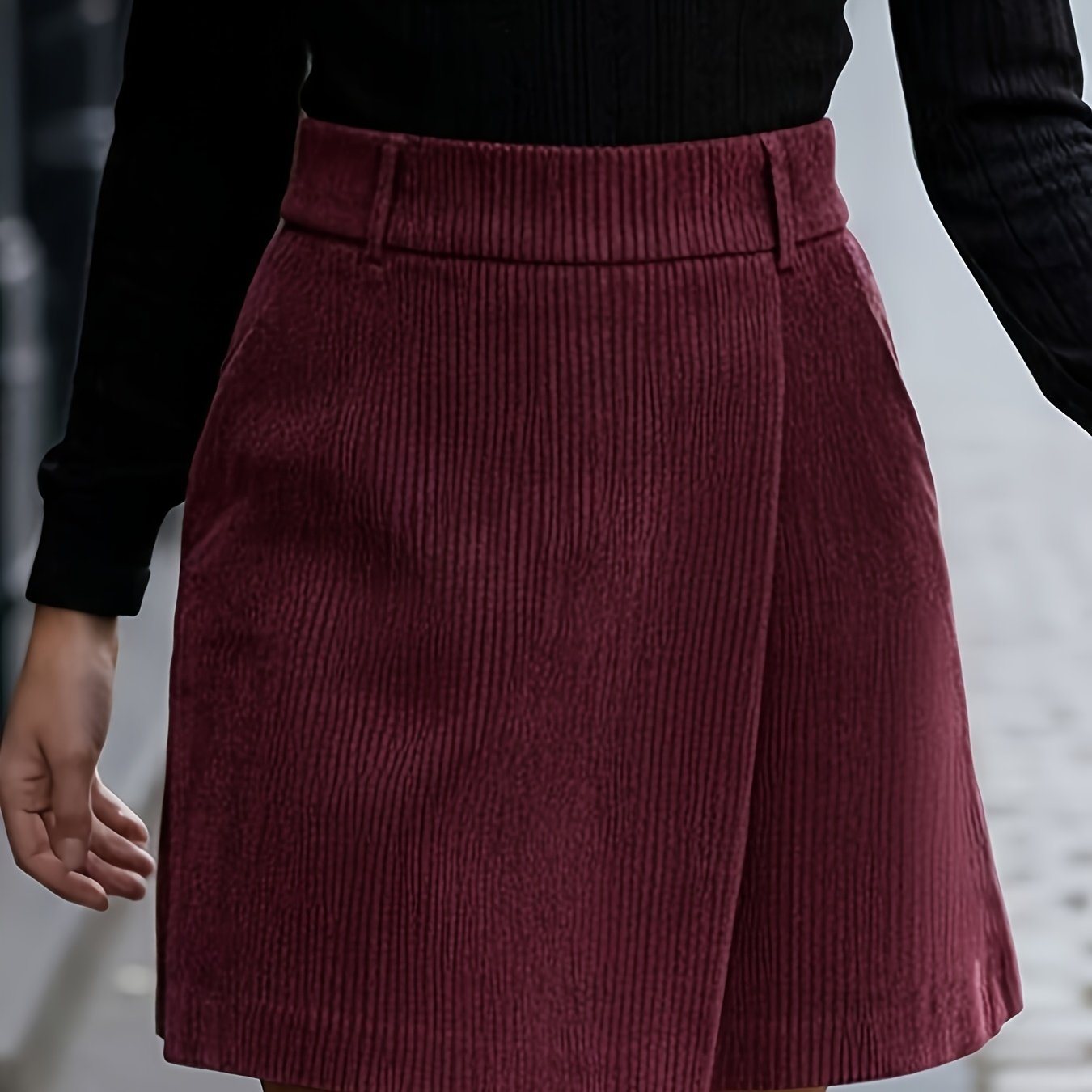 TEMU Women's Casual Solid Color Corduroy Shorts, Autumn Style, Women's Skort 26 Fall/winter New Arrival, Elegant Bottomwear Pairing, Shorts And