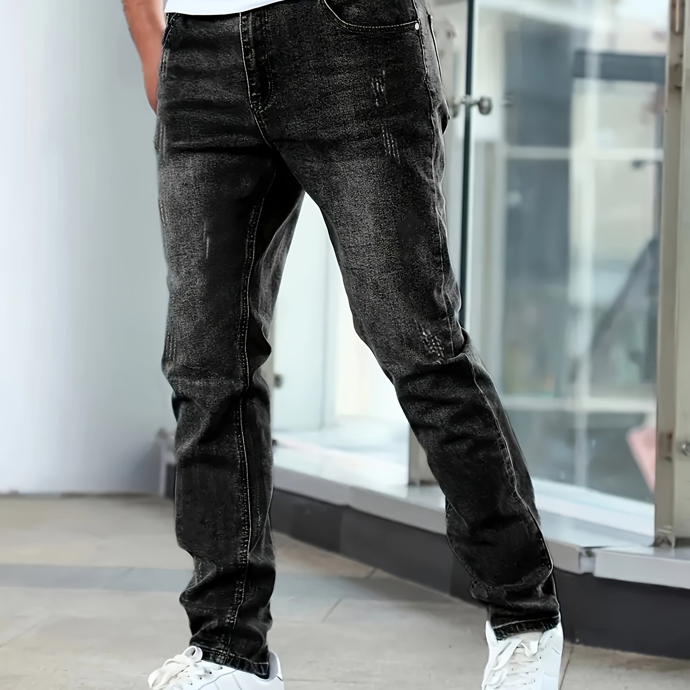 Image of Men's Jeans Straight Stretch Trousers Style Bicycle Men's Pants Street Style Chic Black Denim Trousers Worn In