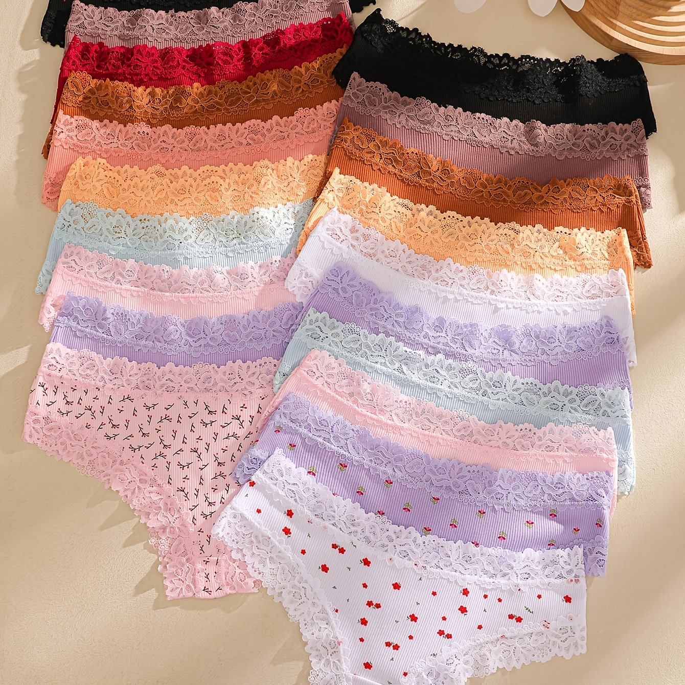 TEMU 20pcs Women's Elegant Lace Underwear - Low-rise Briefs With Print & Lace Trim, Soft Breathable Panties, Non-sheer Full Coverage For Daily Wear (
