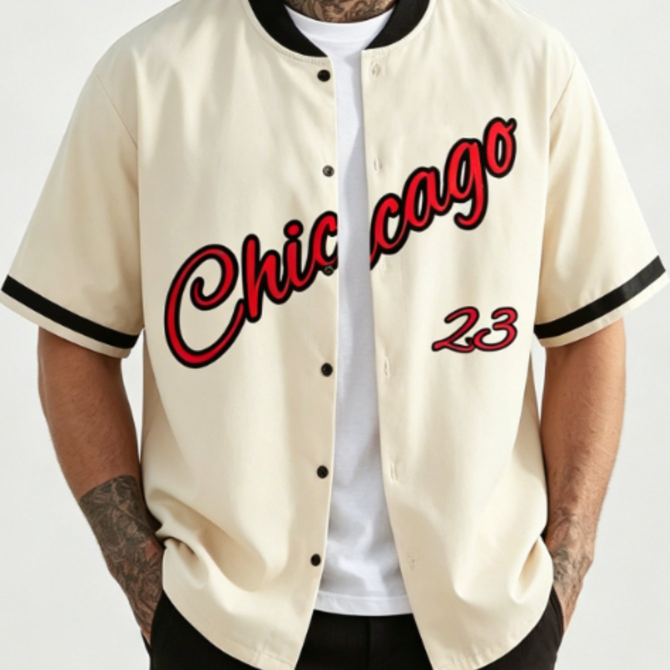 Image of Large Men's Printed Short Sleeve Baseball Shirt, Beige And Black Trimmed Button Jacket, Daily Casual Streetwear Top, Plus Size