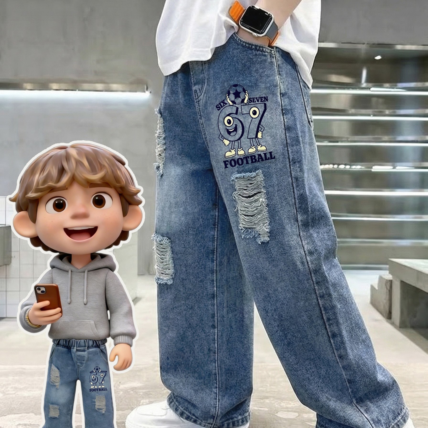 Original Boys' Jeans, Trendy Cartoon Football "67" Number Internet Meme Print Distressed Ripped Kids' Clothing Pants