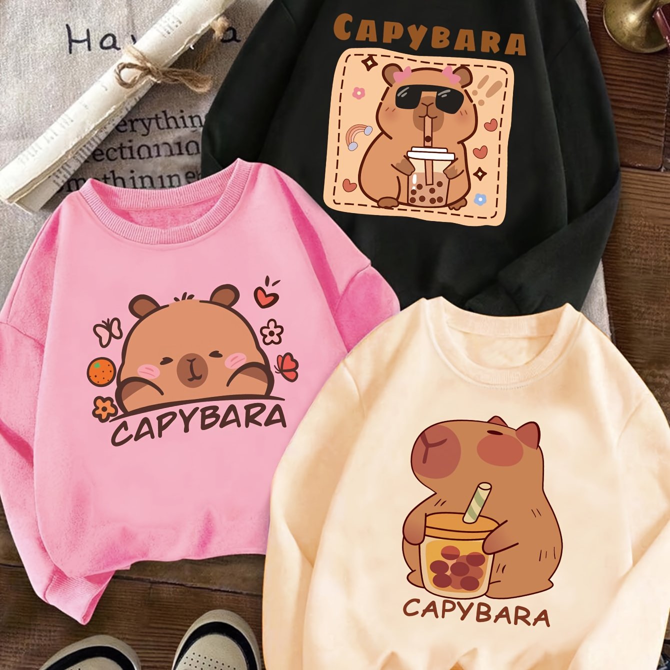 Image of 3pcss Spring/autumn Sweatshirt Set For Girls, Cute Capybara Print, Trendy And Versatile Novelty Spring/autumn Sweatshirt 3pcss Outfit