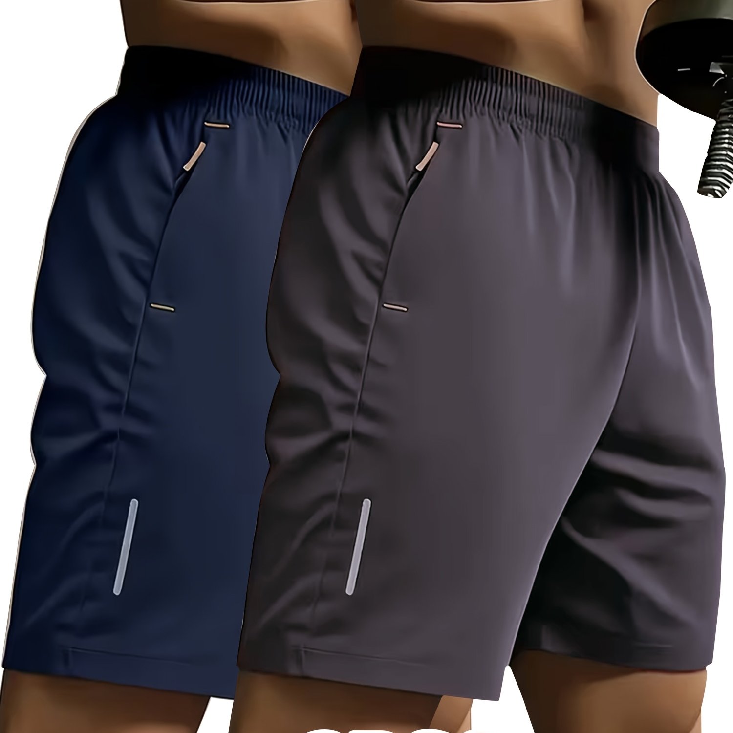 TEMU 2pcs Stretch Shorts, Men's Sporty Casual Shorts With Reflective Strip Print Design, Dual Side Zipper Pockets, Comfortable Breathable Polyester