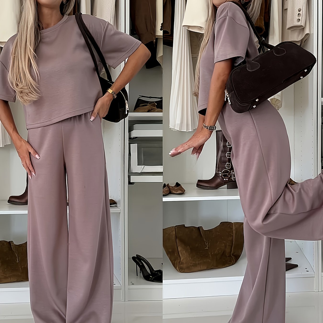 E-shop Damen Outfit Set, Weicher, luftiger Stoff, entspanntes, kühlendes Kurzarm-Ensemble mit weiten Beinen, Freizeitkleidung
