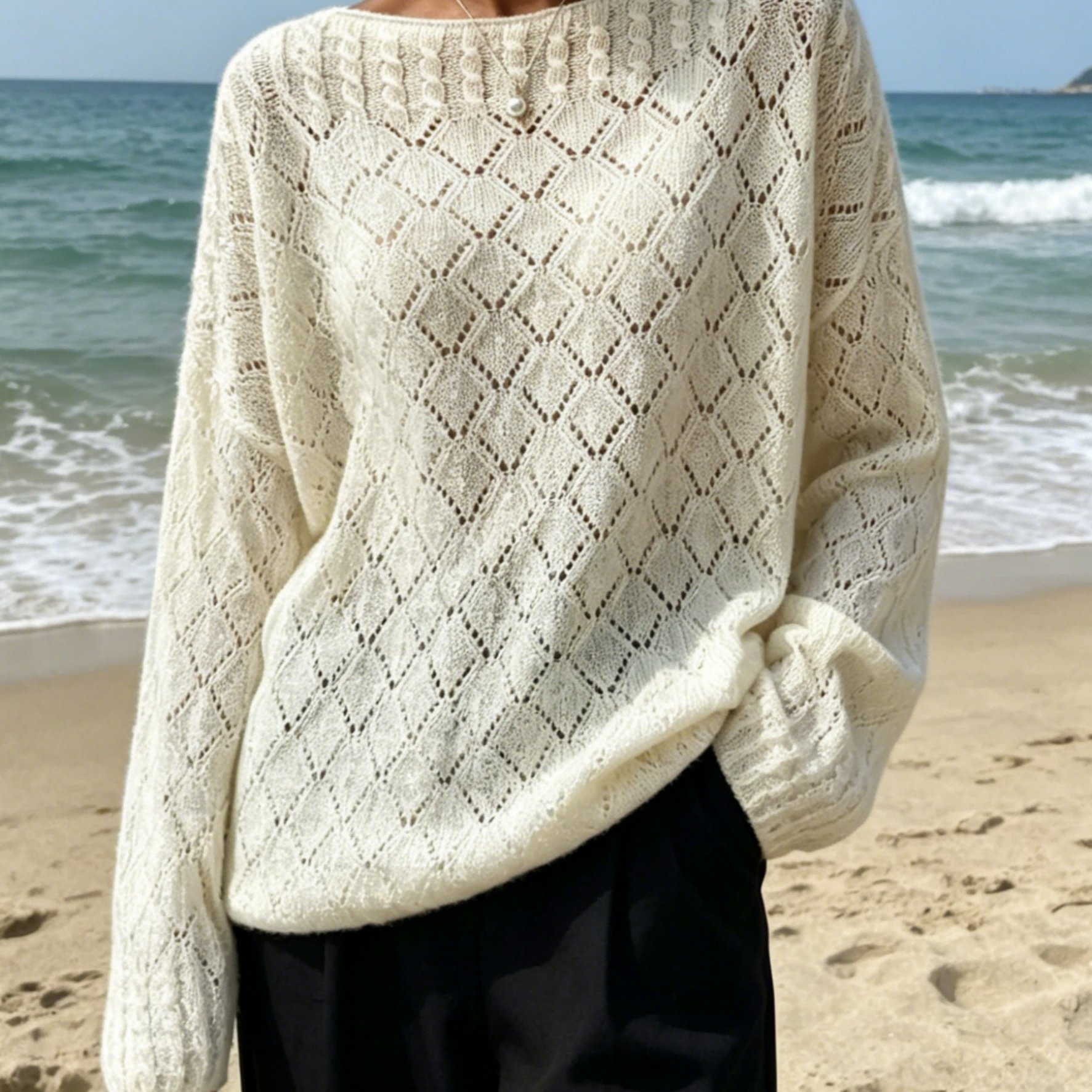 TEMU Women's Openwork Top, Round Neck, 26 Spring/autumn Lightweight Style, Goat Hair And , High-end Lazy Chic Base Layer Top