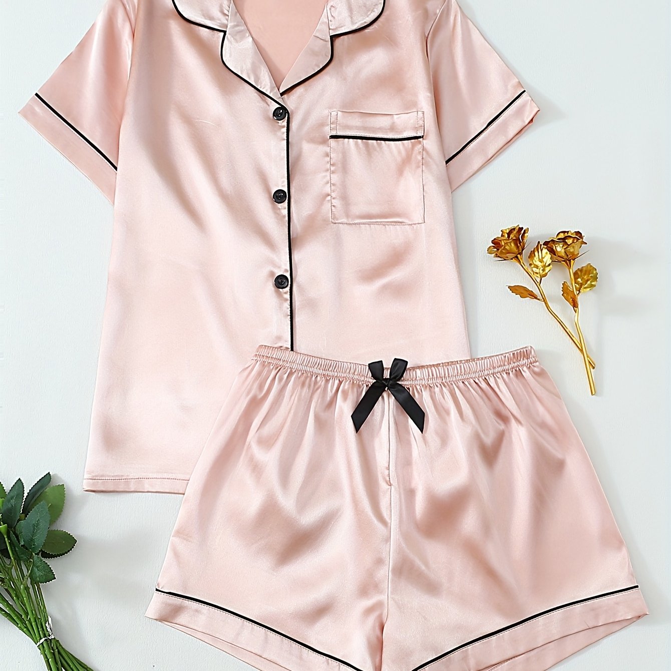 TEMU Dames Casual Pyjama Set met Korte Mouwen | Vezelstof, Kleur, Reverskraag, Strikdetail, Korte Broek, Geschikt voor Lente/Zomer/Herfst