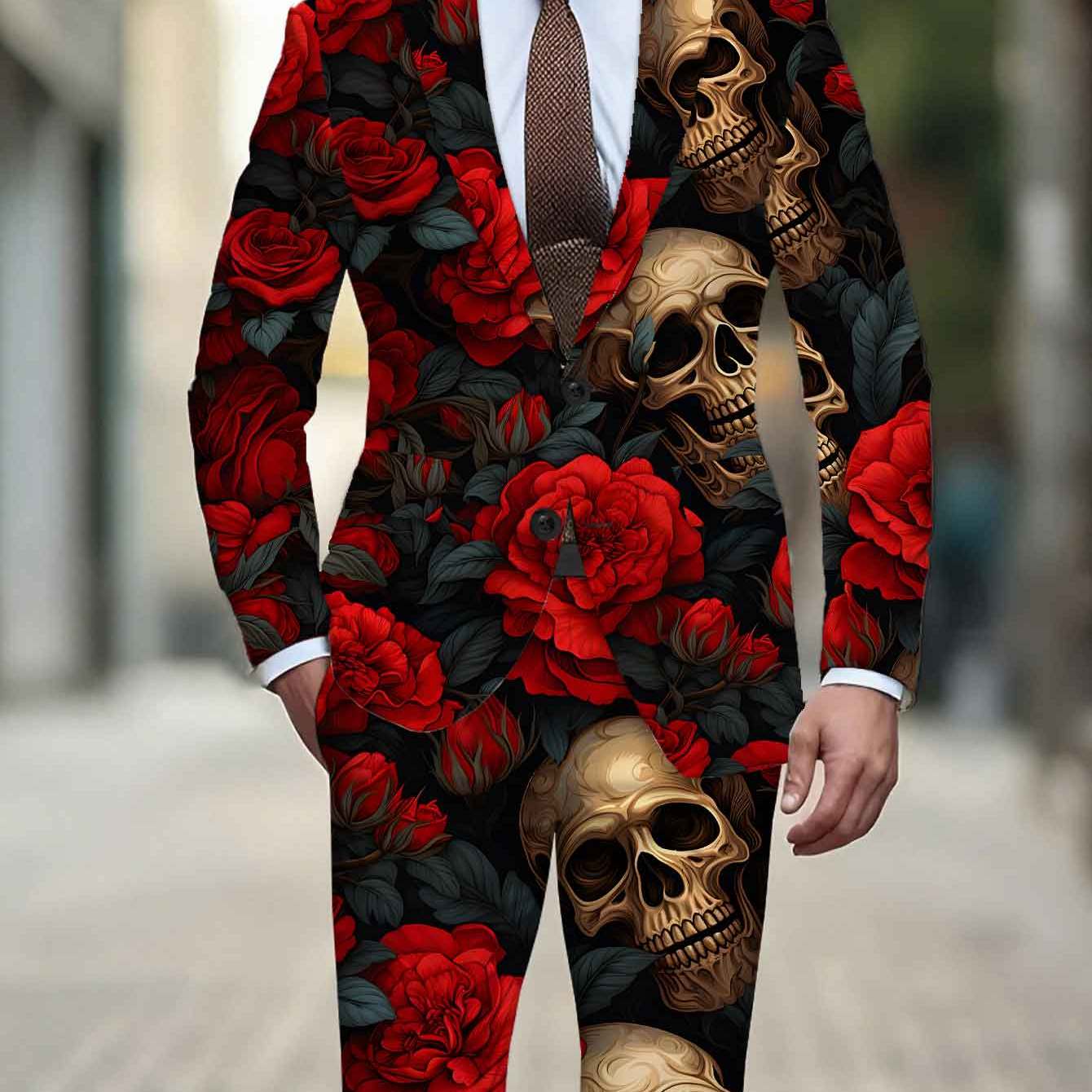 TEMU Men' Size Suit Set, Print Business Casual Blazer And Trousers 2pcs Outfit, Men's Suit Classic Banquet Wedding Party Skull Red Rose Dark Style